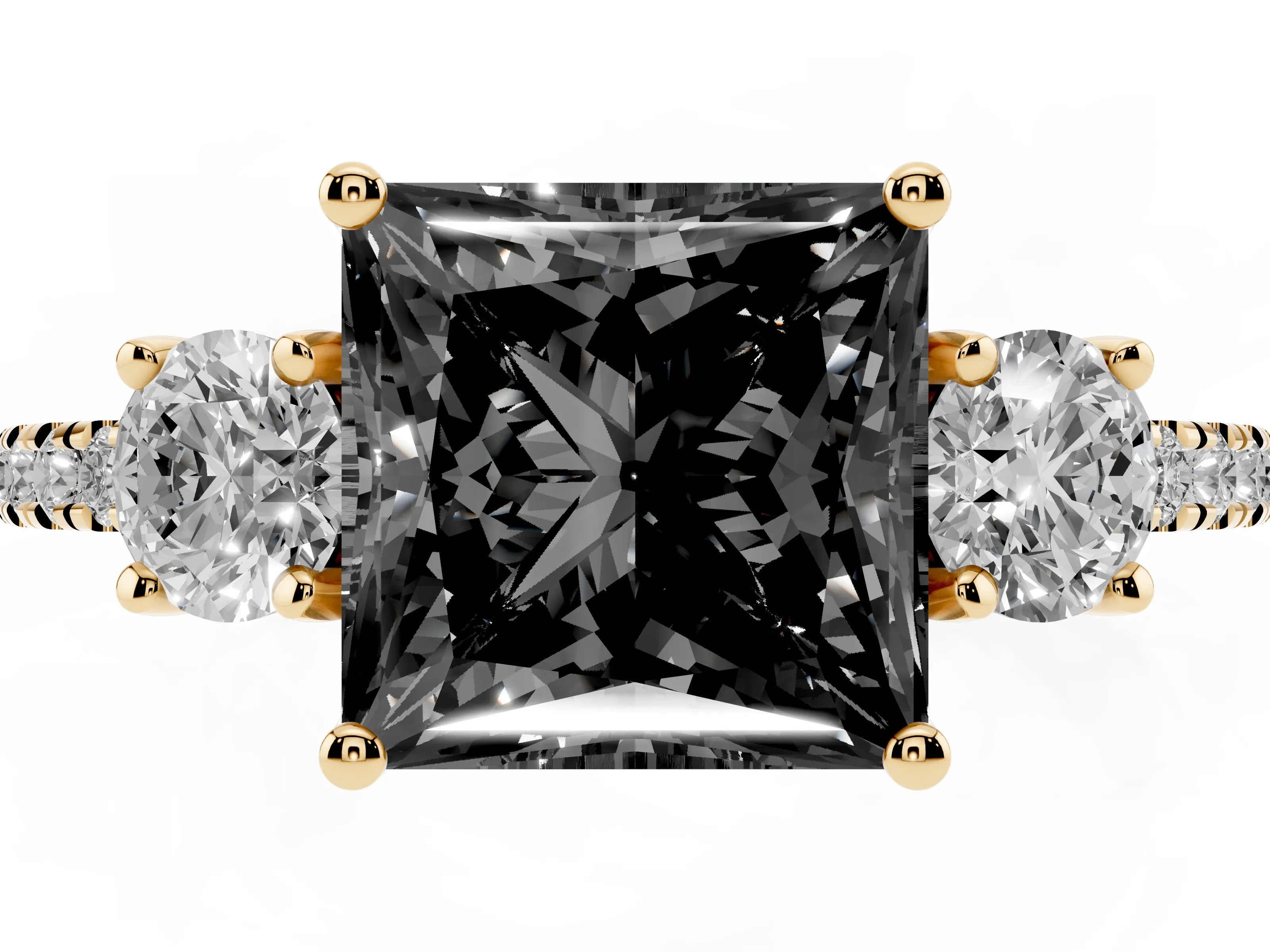 Fancy Black Princess Cut Diamond Three-Stone Ring Set in Yellow gold with Pavé Band and Graduated Sides