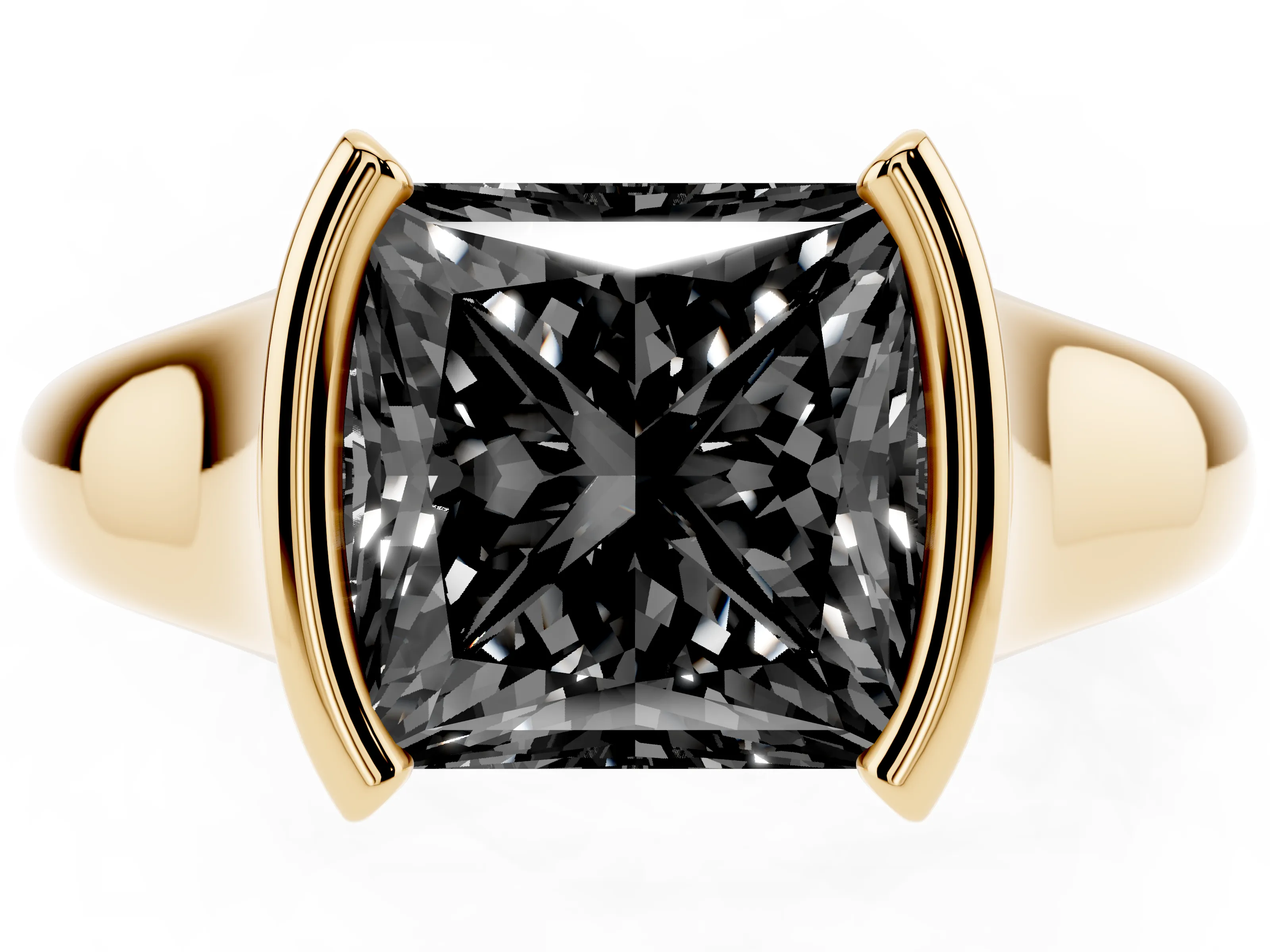 Fancy Black Princess Cut Diamond Solitaire Tension Set Ring Set in Yellow gold with Split Shank Band