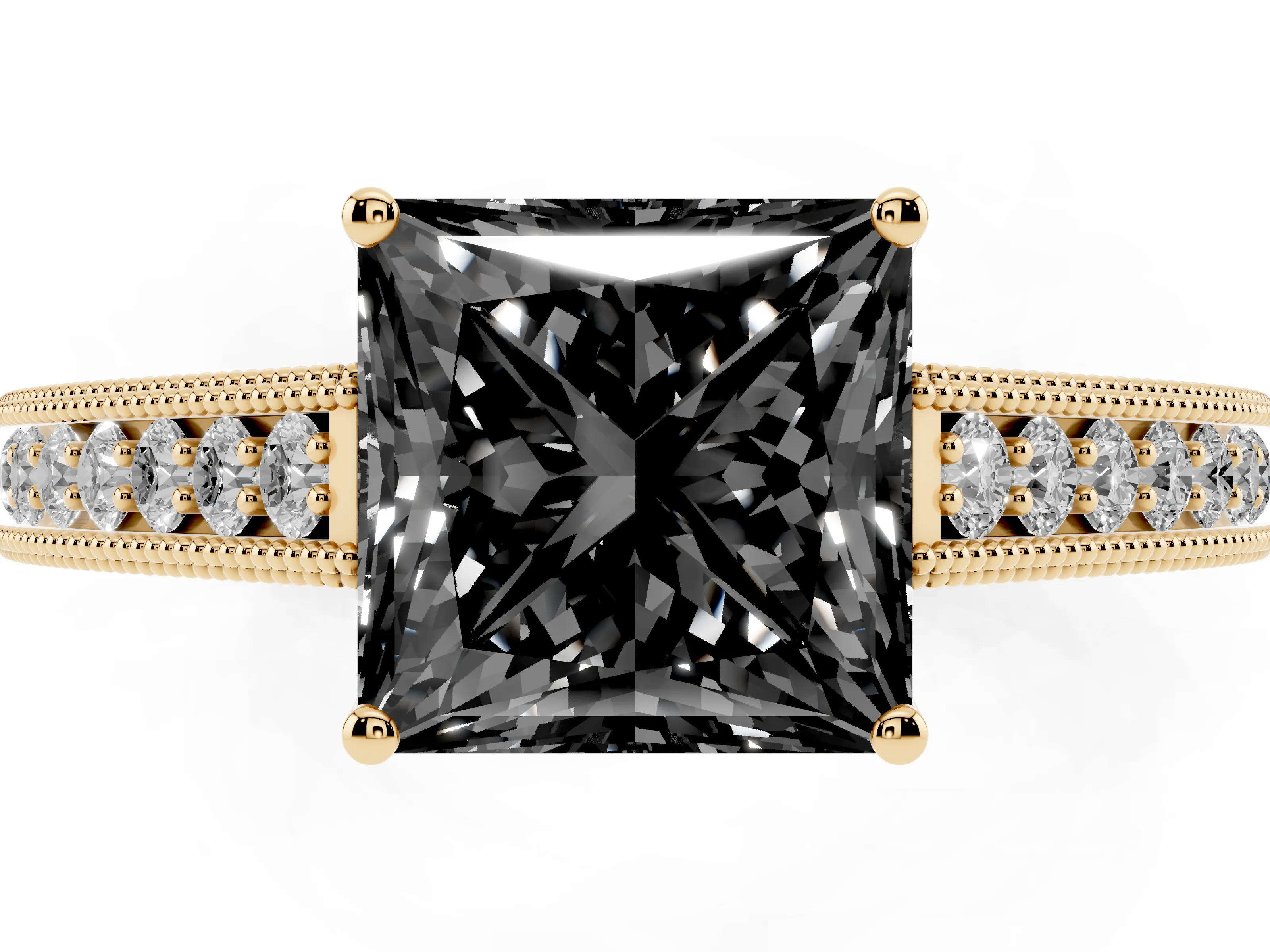 Fancy Black Princess Cut Diamond Milgrain Pavé Band Solitaire Ring Set in Yellow gold with Prong Setting