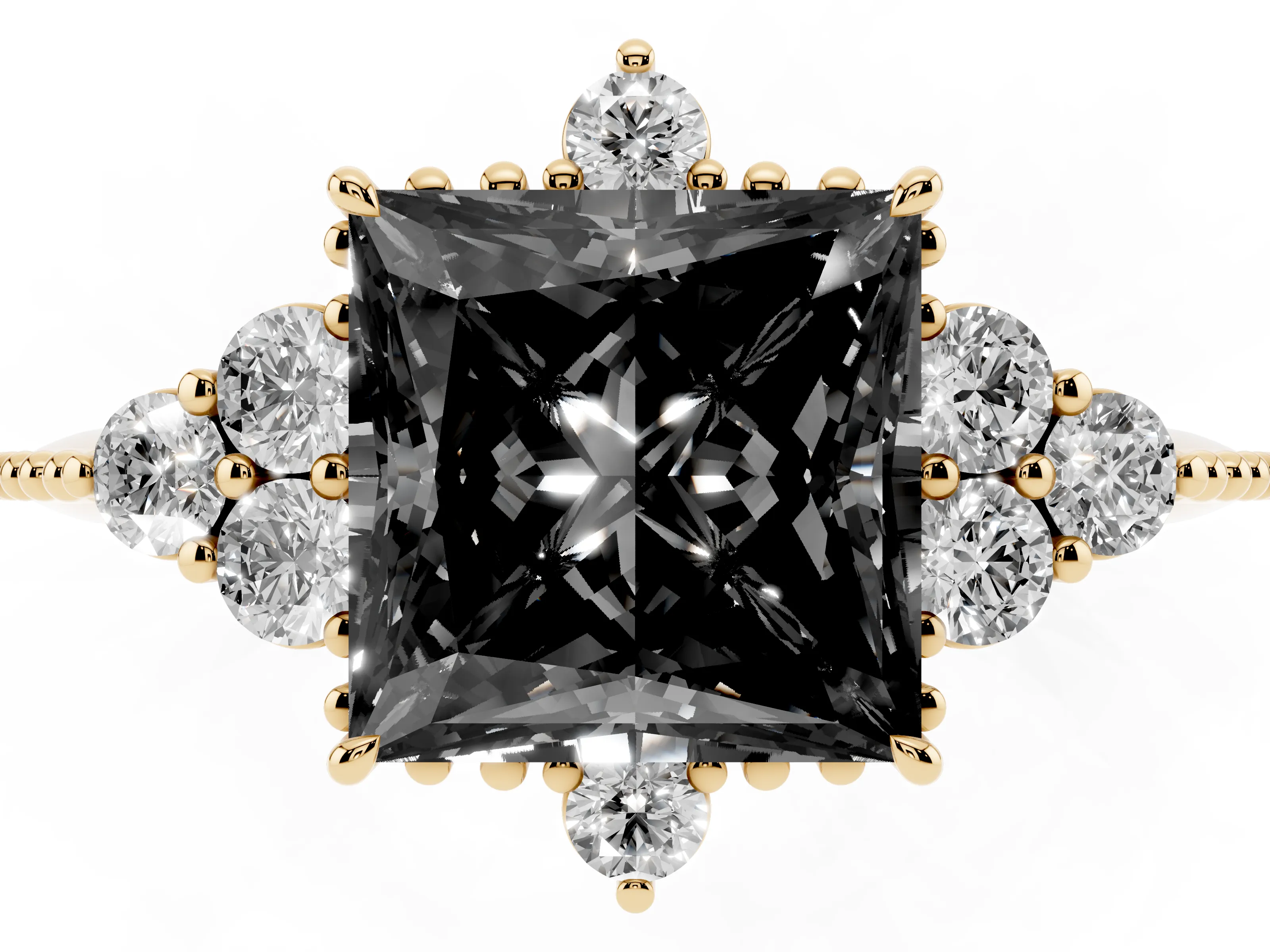 Fancy Black Princess Cut Diamond Cluster Ring Set in Yellow gold with Beaded Band