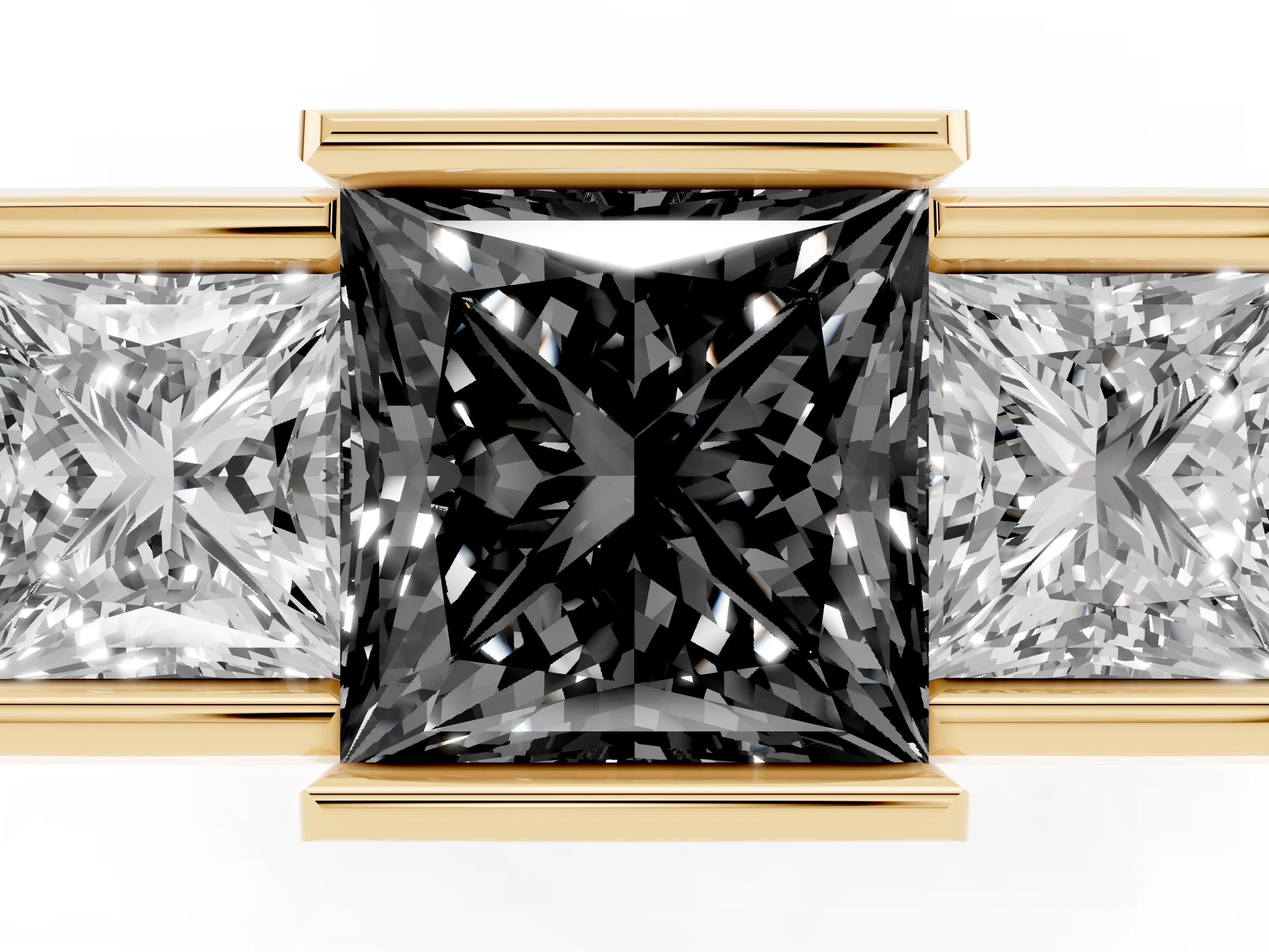 Fancy Black Princess Cut Diamond Three-Stone Channel Set Ring Set in Yellow gold with Smooth Polished Band