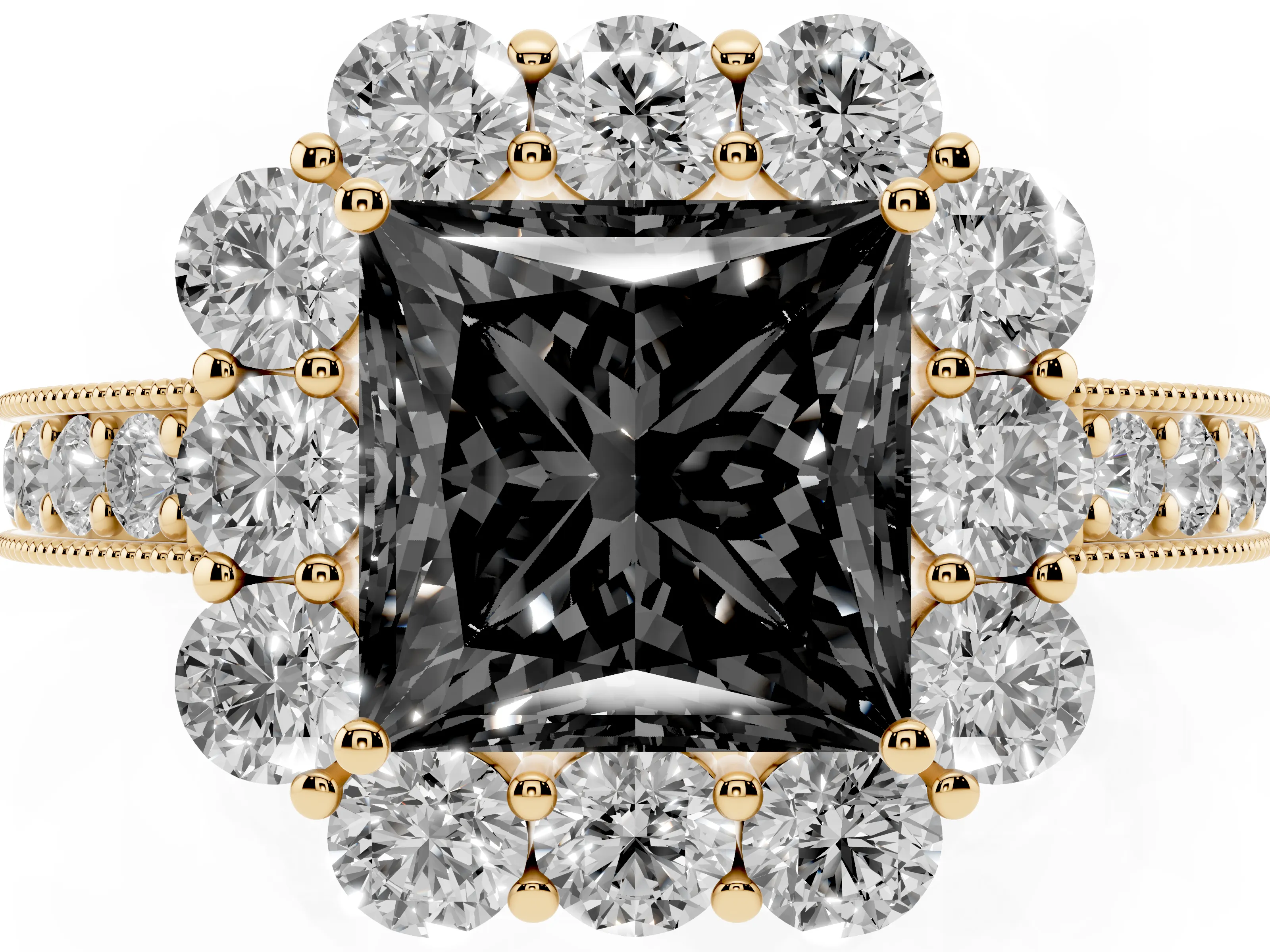 Fancy Black Princess Cut Diamond Halo Pavé Engagement Ring Set in Yellow gold with Milgrain Detailing