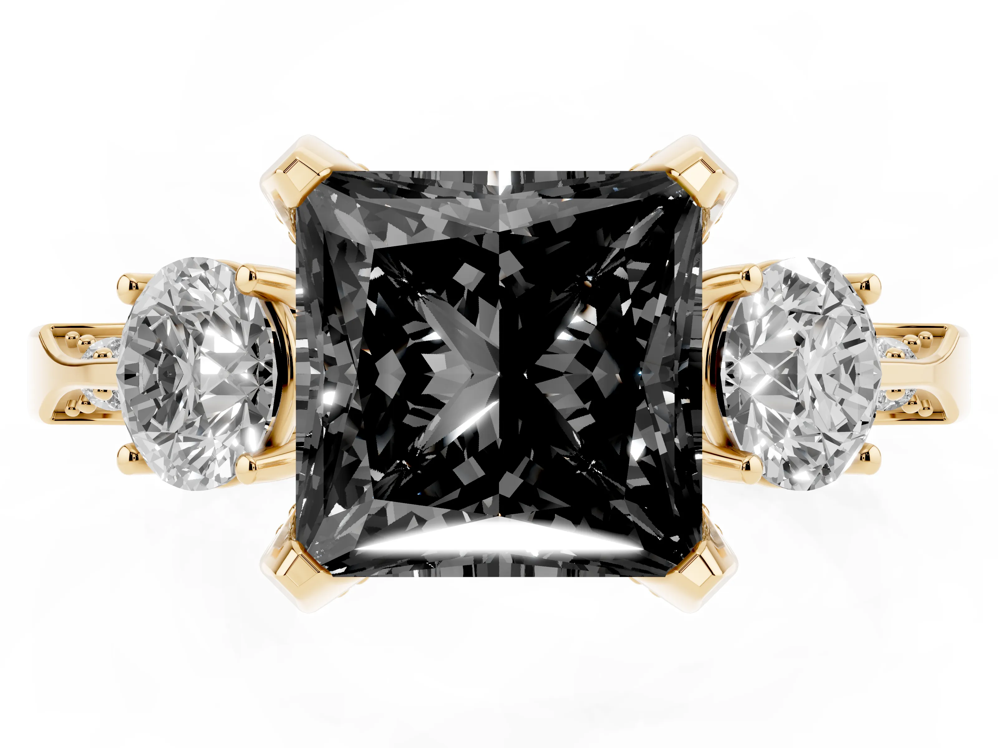 Fancy Black Princess Cut Diamond Three-Stone Ring Set in Yellow gold with Pavé Band and Smaller Side Stones