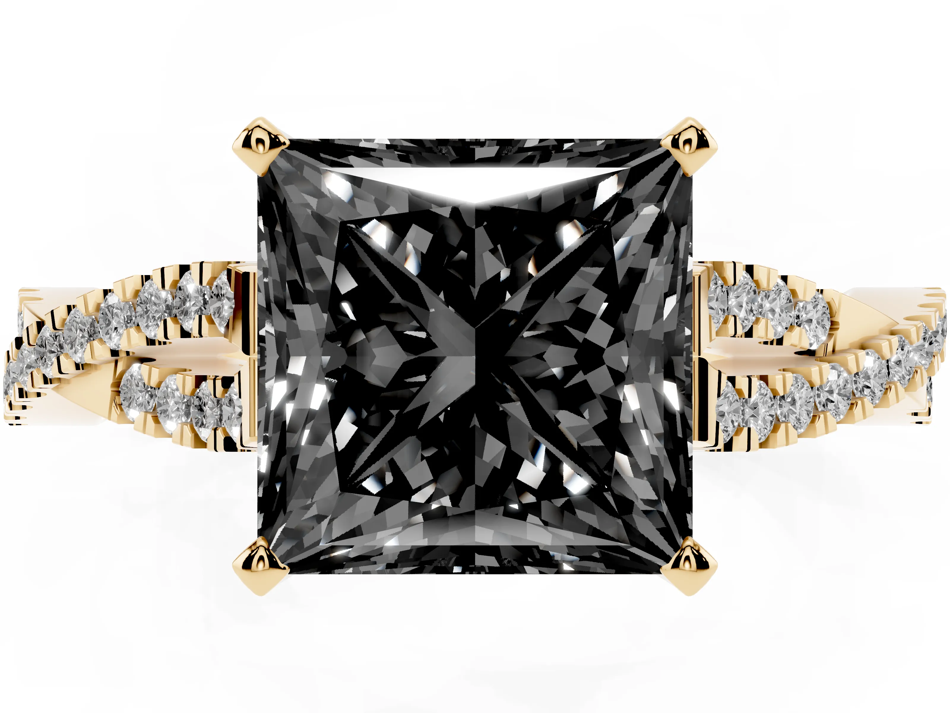 Fancy Black Princess Cut Diamond Solitaire Engagement Ring Set in Yellow gold with Twisted Pavé Band and Prong Setting