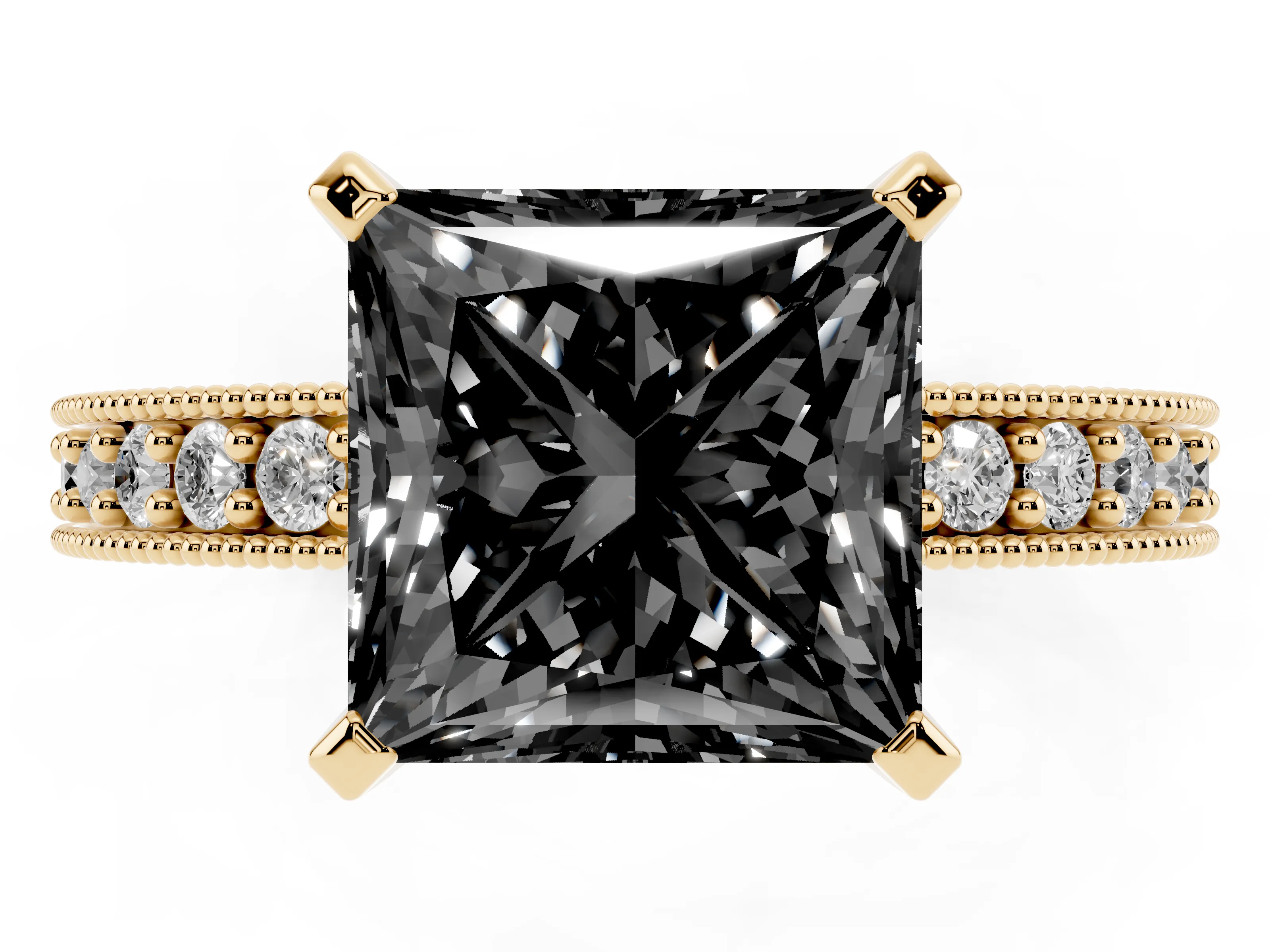 Fancy Black Princess Cut Diamond Milgrain Pavé Engagement Ring Set in Yellow gold with Prong Setting