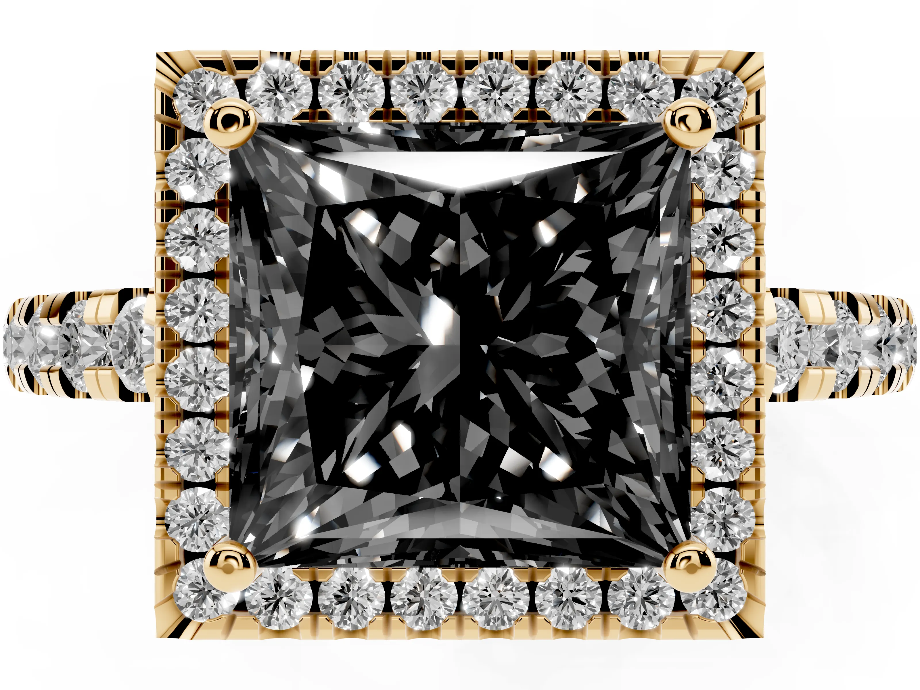 Fancy Black Princess Cut Diamond Halo Ring Set in Yellow gold with Delicate Pavé Band and Prong Setting