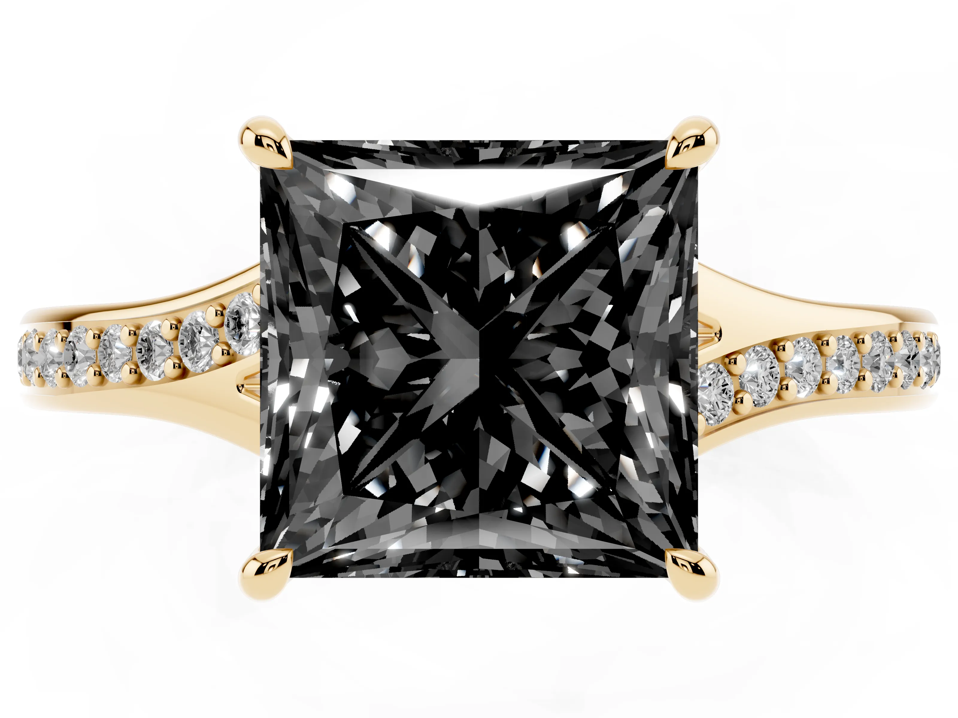 Fancy Black Princess Cut Diamond Solitaire Ring Set in Yellow gold with Pavé Accent Band and Classic Prong Setting