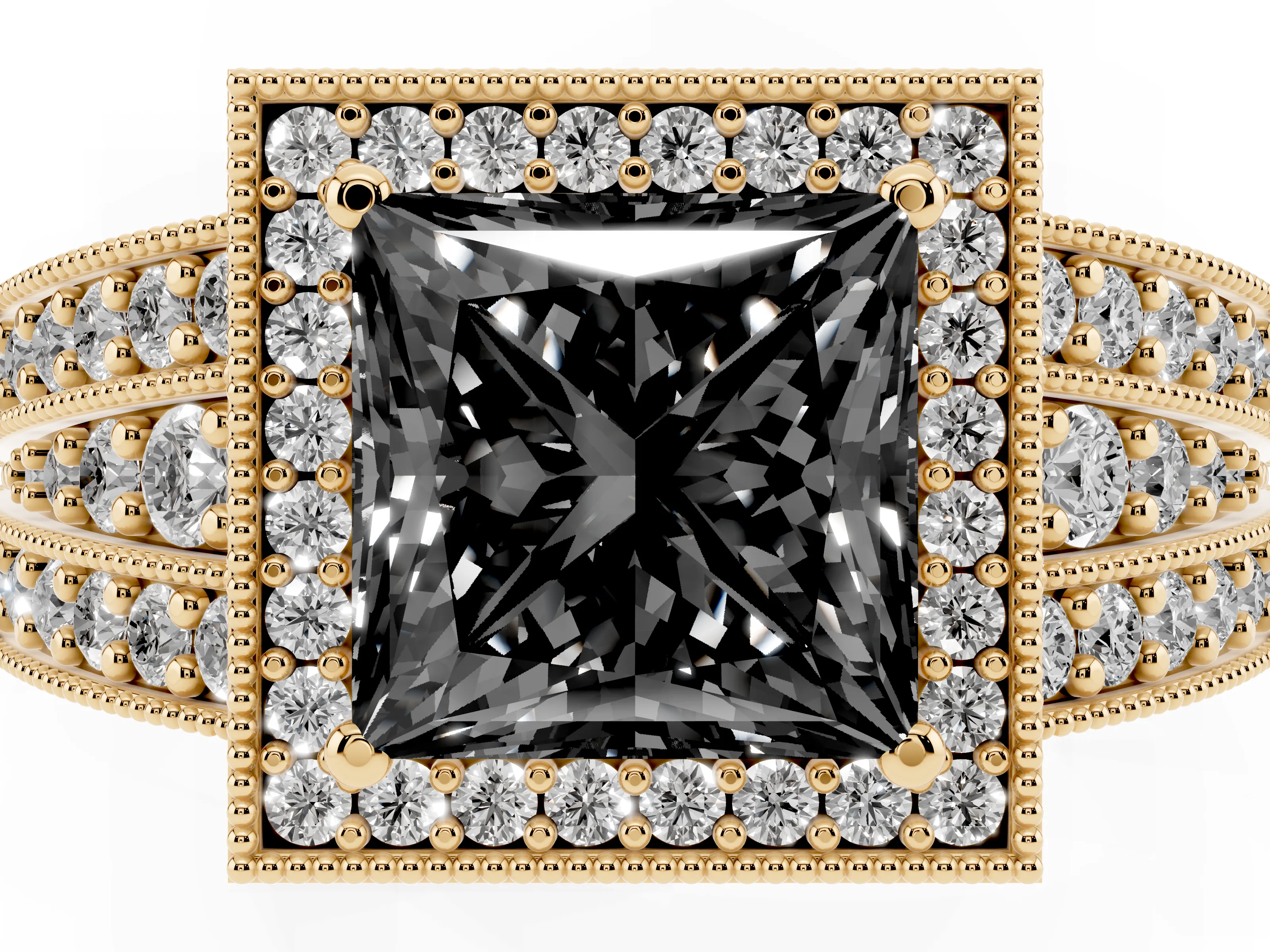 Fancy Black Princess Cut Diamond Halo Ring Set in Yellow gold with Accent Split Shank and Prong Setting