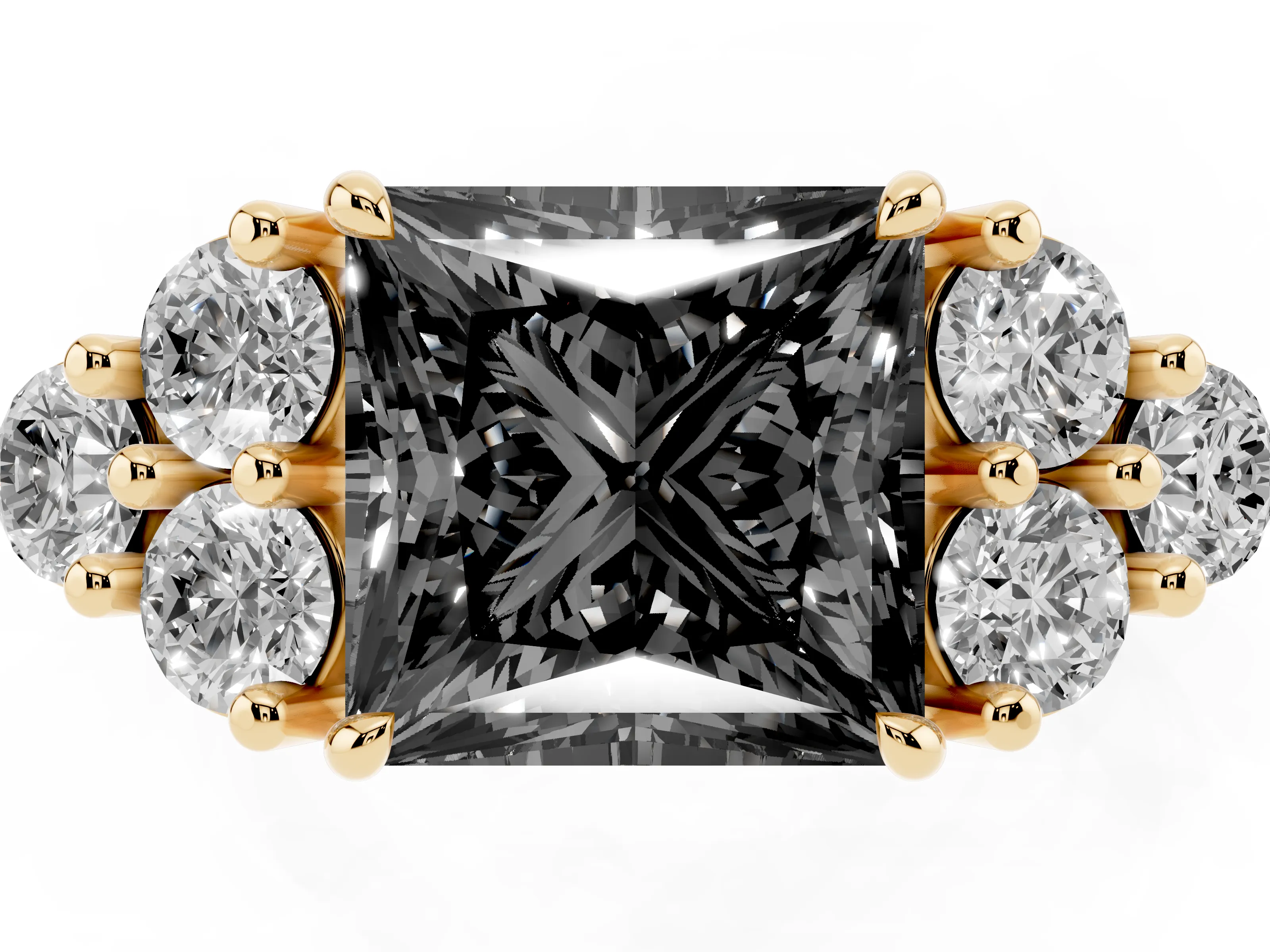 Fancy Black Princess Cut Diamond Solitaire Ring Set in Yellow gold with Cluster Accents on Each Side