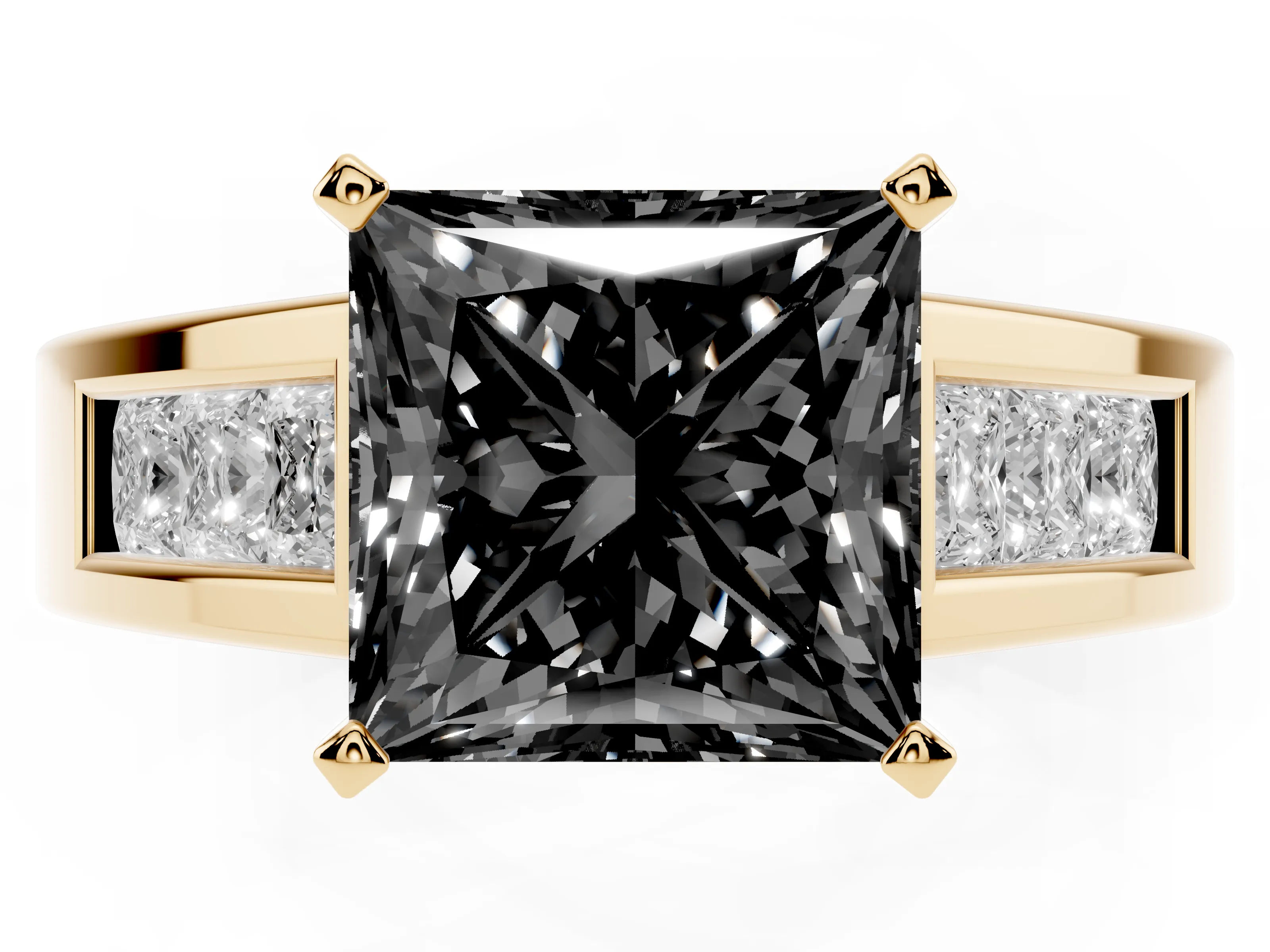 Fancy Black Princess Cut Diamond Solitaire Ring Set in Yellow gold with Channel-Set Accent Stones and Prong Setting