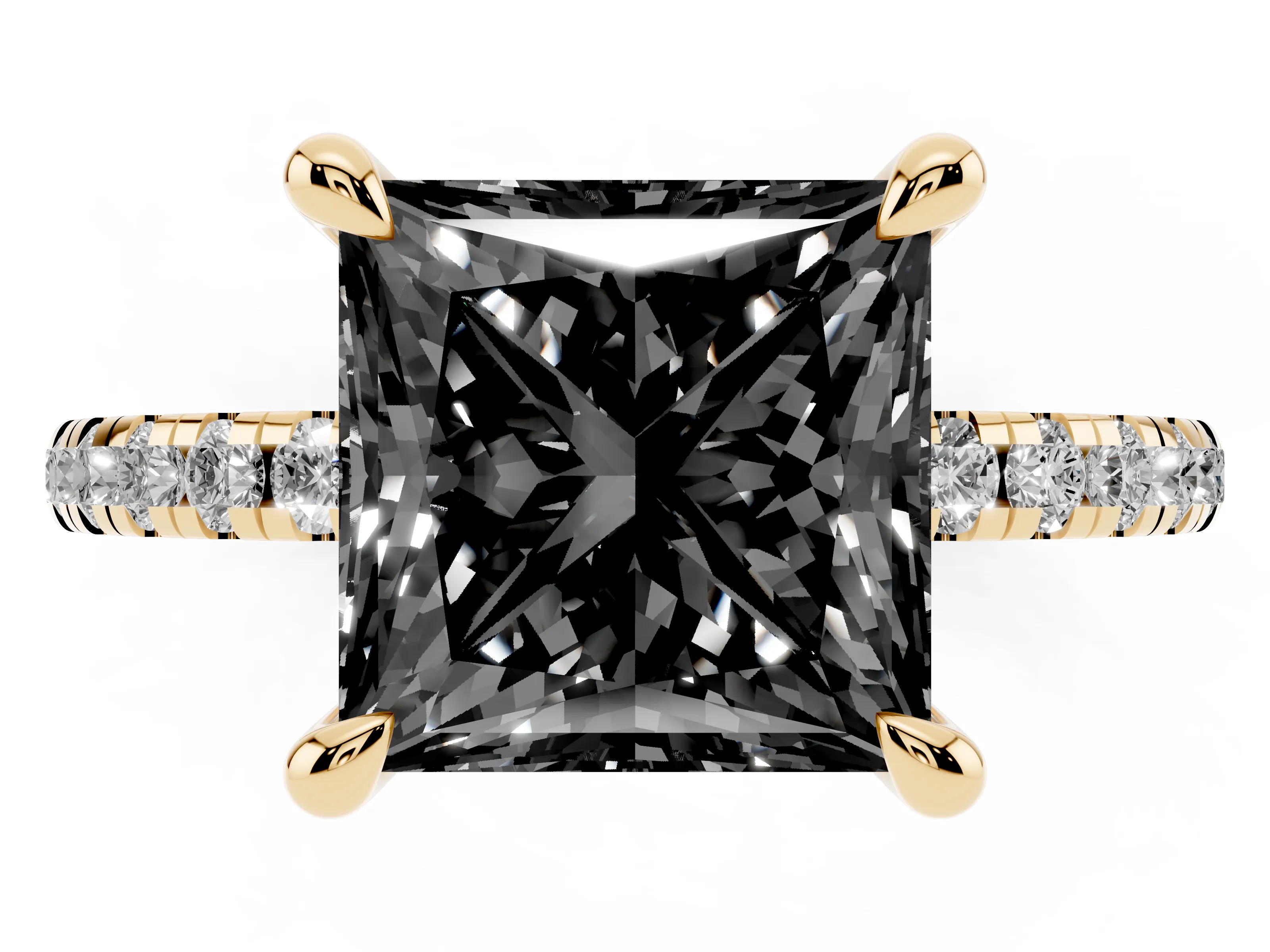 Fancy Black Princess Cut Diamond Brilliant Solitaire Ring Set in Yellow gold with Pavé Band and Prong Setting