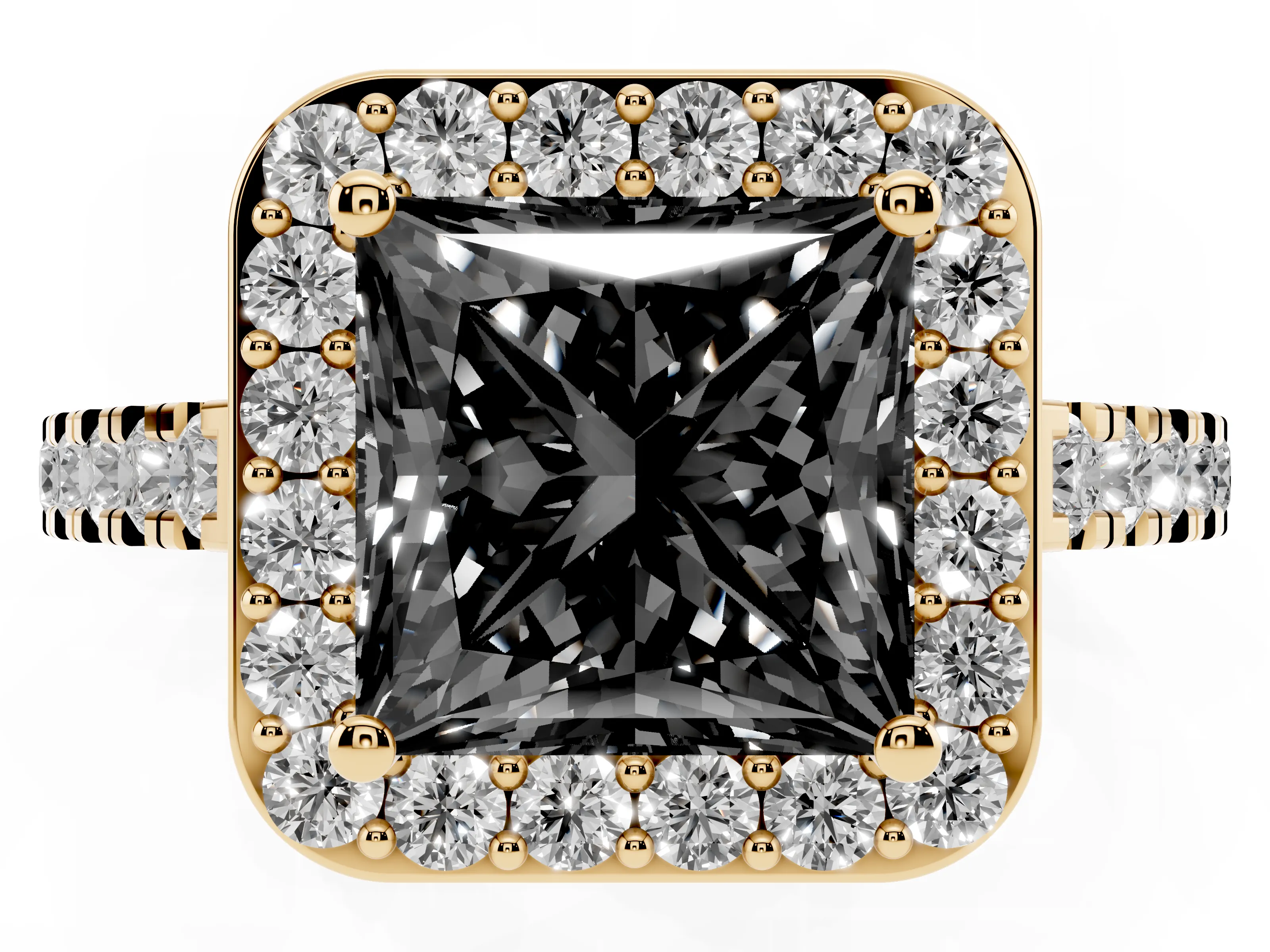Fancy Black Princess Cut Diamond Halo Ring Set in Yellow gold with Round Pavé Split Shank and Prong Setting
