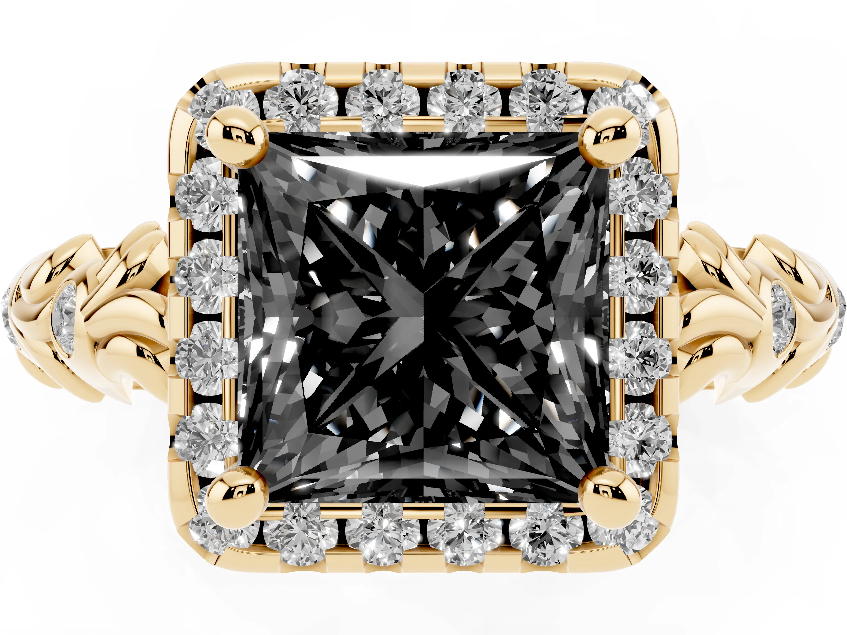 Fancy Black Princess Cut Diamond Halo Ring Set in Yellow gold with Filigree Leaf Band and Prong Setting