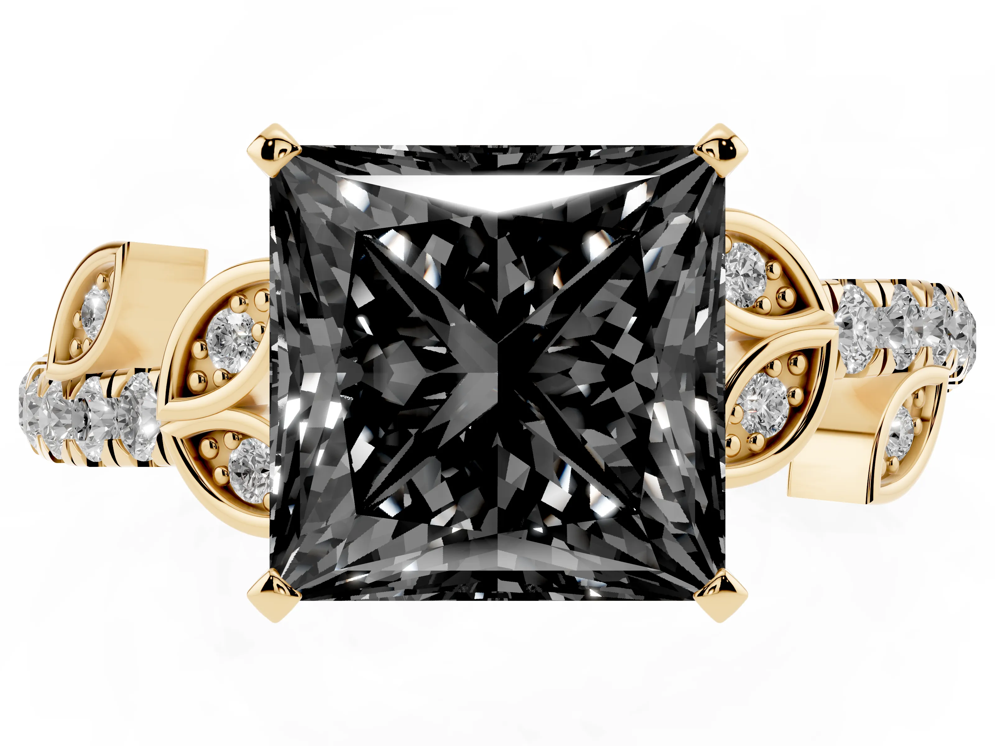 Fancy Black Princess Cut Diamond Solitaire Leaf-Inspired Ring Set in Yellow gold with Pavé Band and Prong Setting