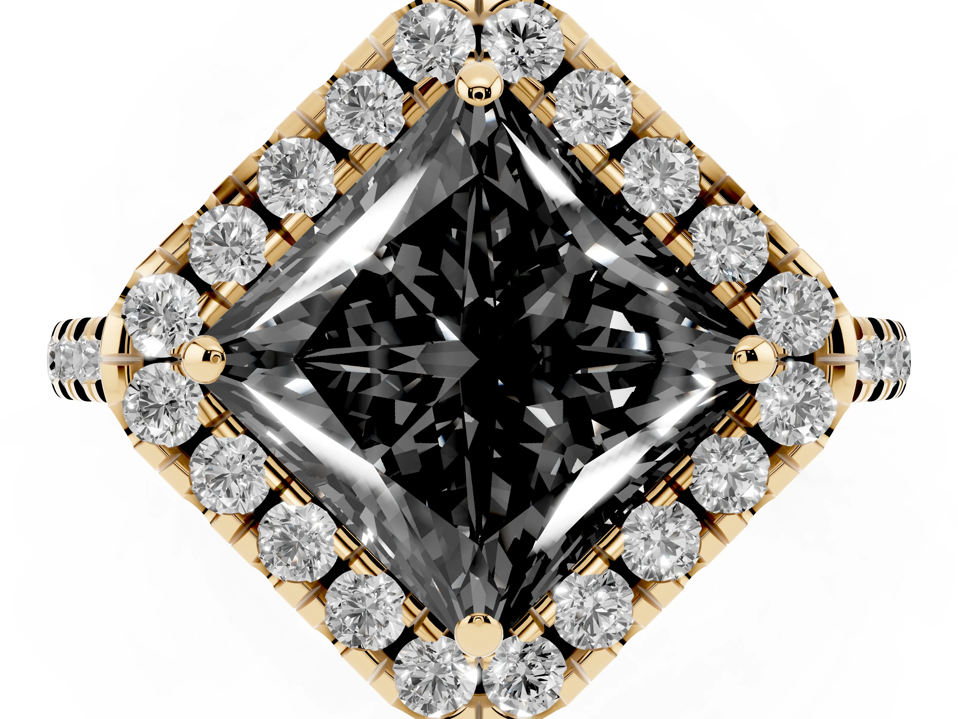 Fancy Black Princess Cut Diamond Cushion Halo Ring Set in Yellow gold with Pavé Band