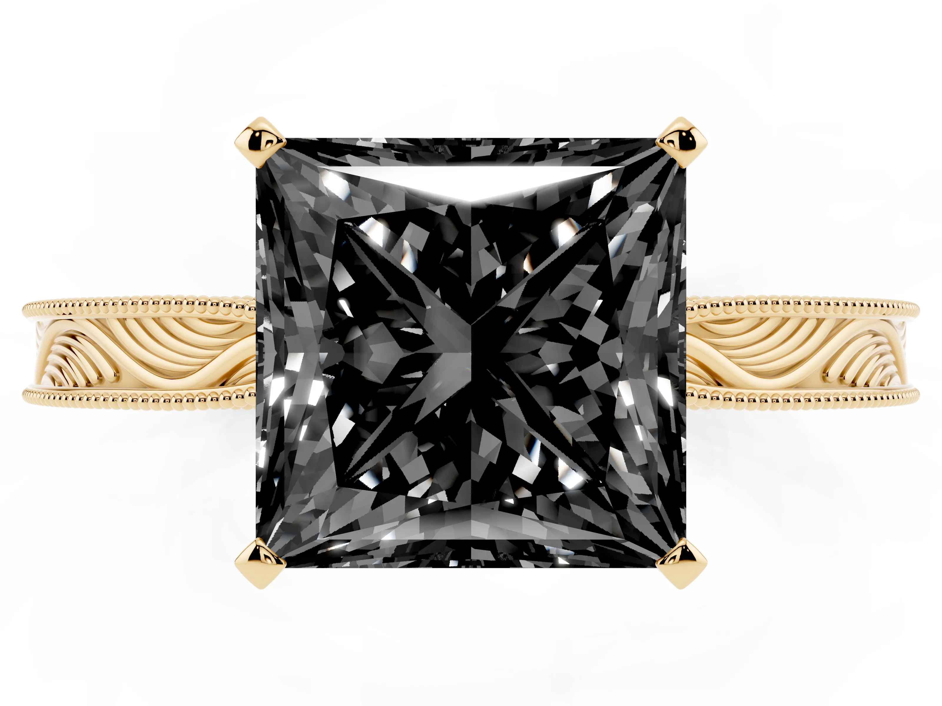 Fancy Black Princess Cut Diamond Solitaire Milgrain Engraved Band Set in Yellow gold with Prong Setting