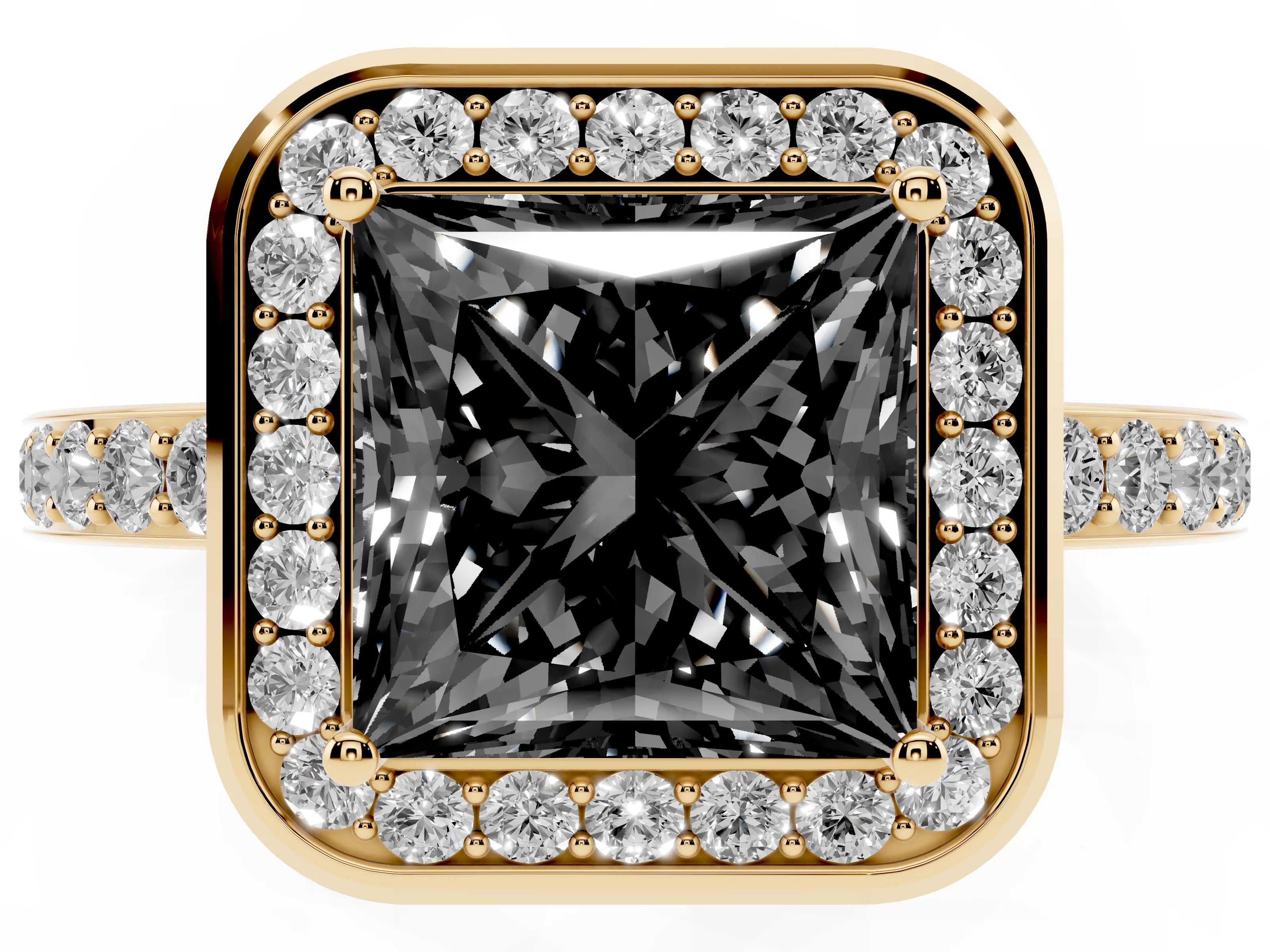 Fancy Black Princess Cut Diamond Halo Ring Set in Yellow gold with Bezel Frame and Pavé Band