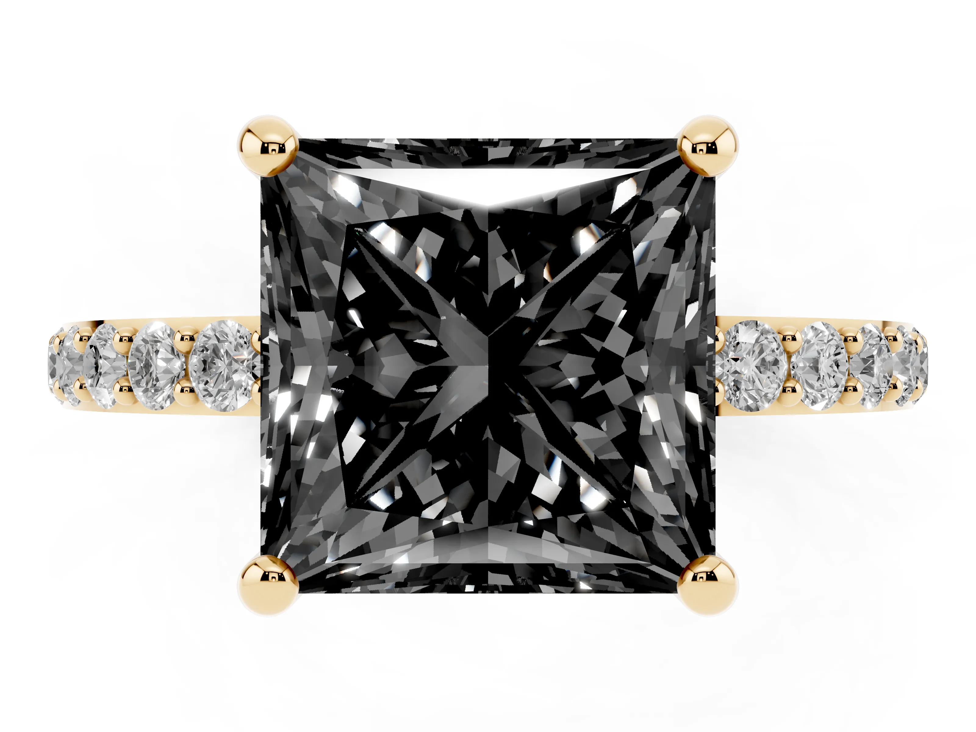 Fancy Black Princess Cut Diamond Solitaire Ring Set in Yellow gold with Round Pavé Band and Prong Setting