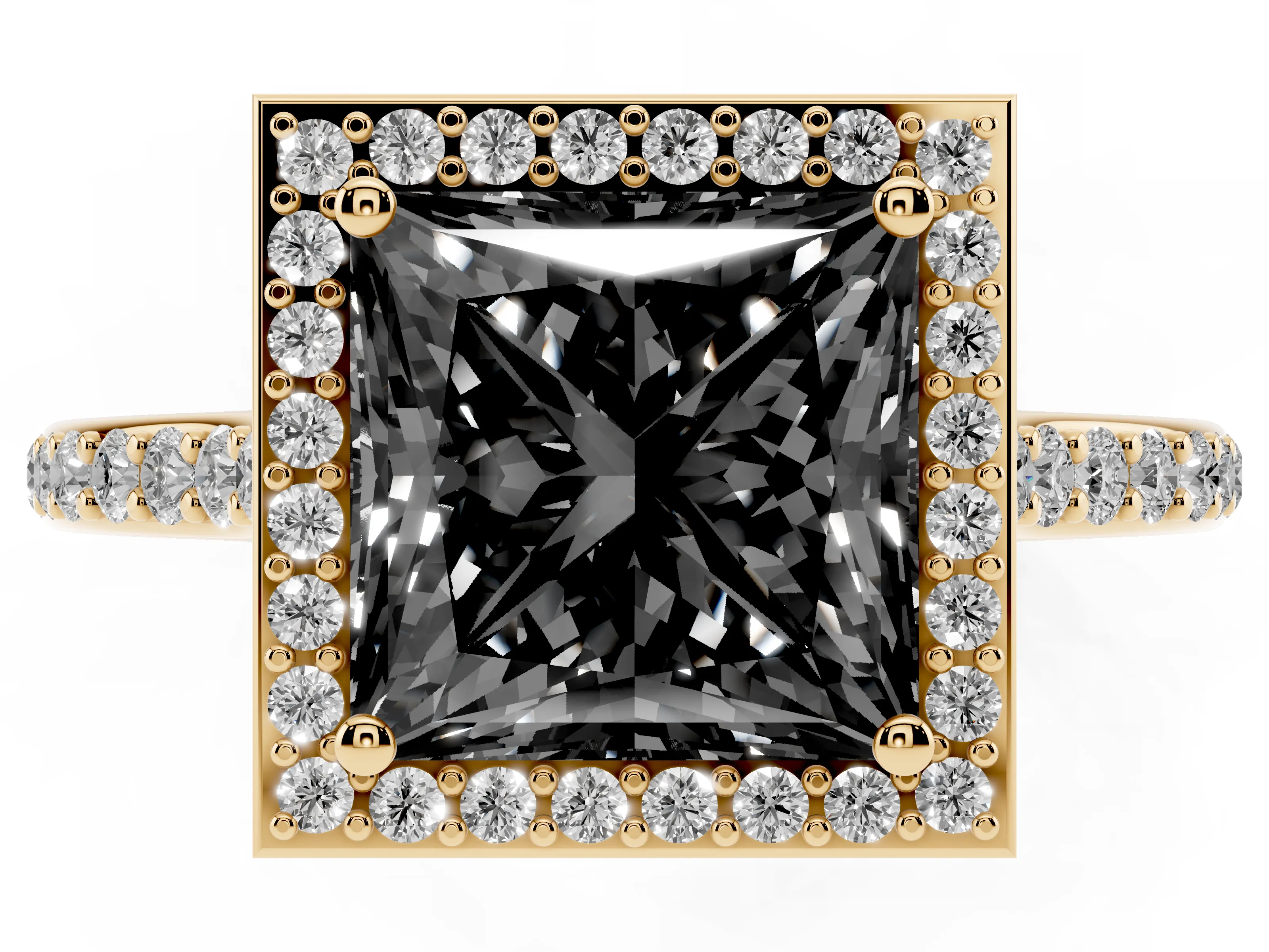 Fancy Black Princess Cut Diamond Halo Engagement Ring Set in Yellow gold with Round Pavé Shoulders and Heart Gallery
