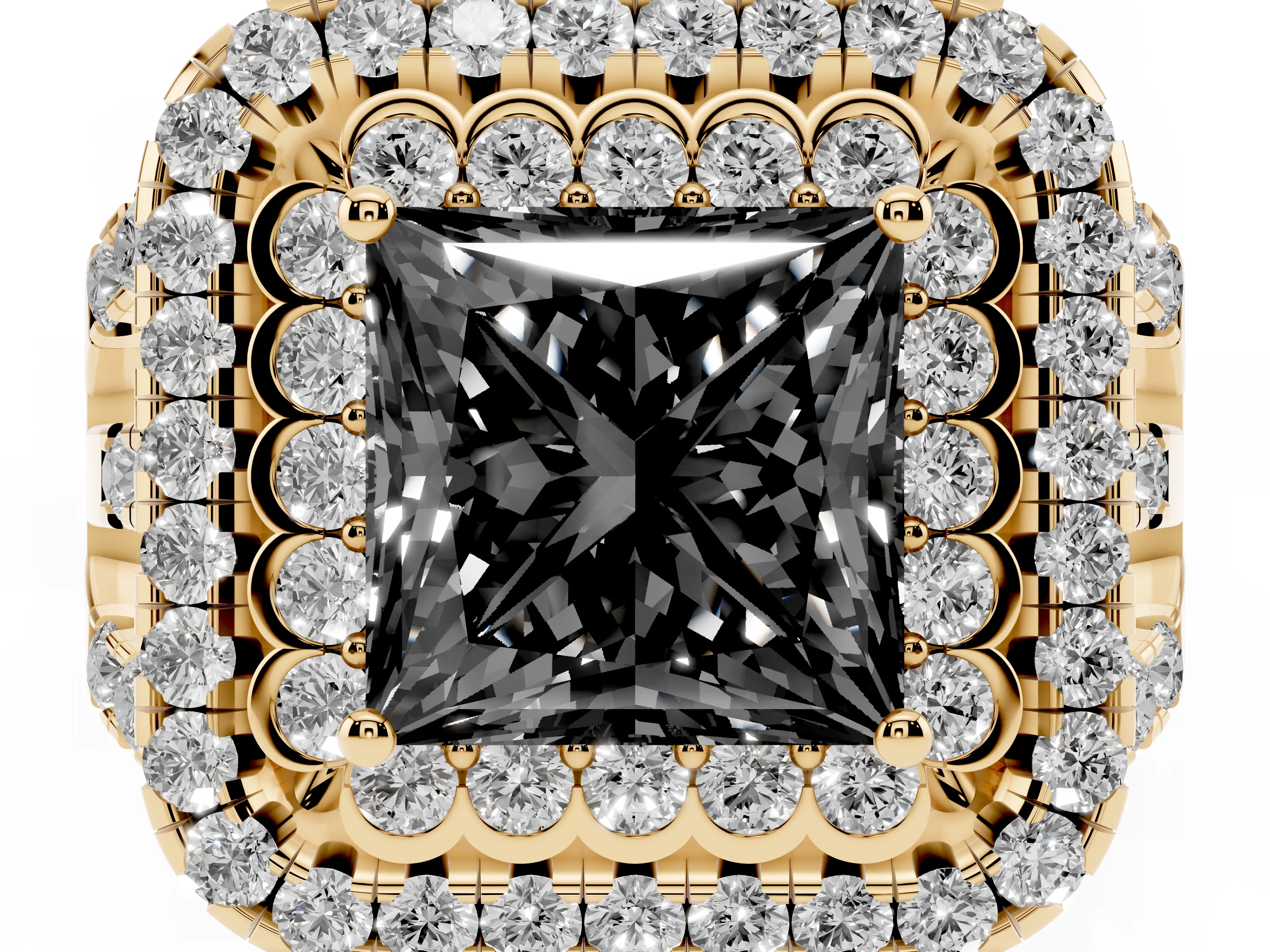 Fancy Black Princess Cut Diamond Double Halo Ring Set in Yellow gold with Round Pavé Split Shank