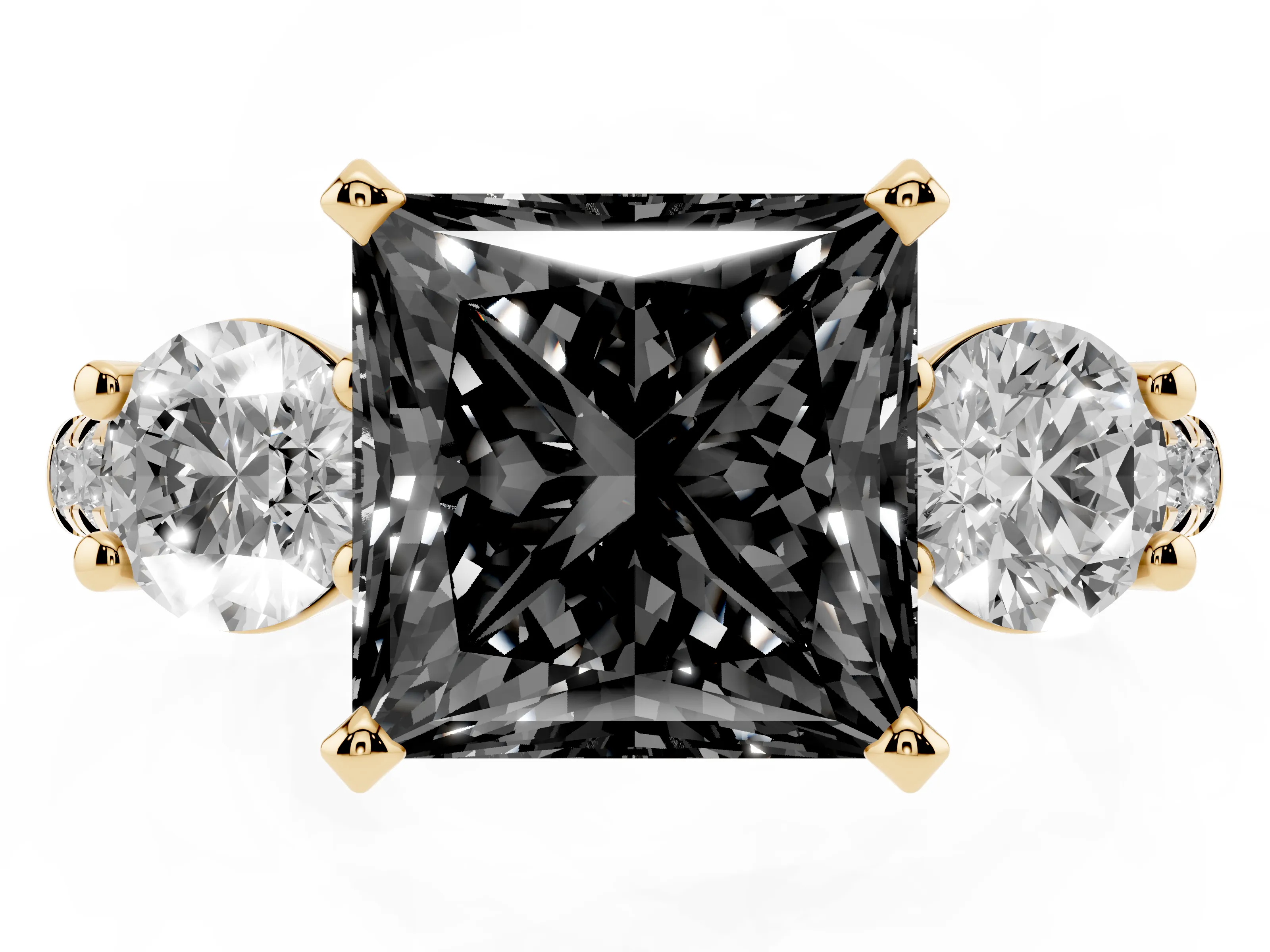 Fancy Black Three-Stone Princess Cut Diamond Pavé Band Ring Set in Yellow gold with Prong-Set Trio