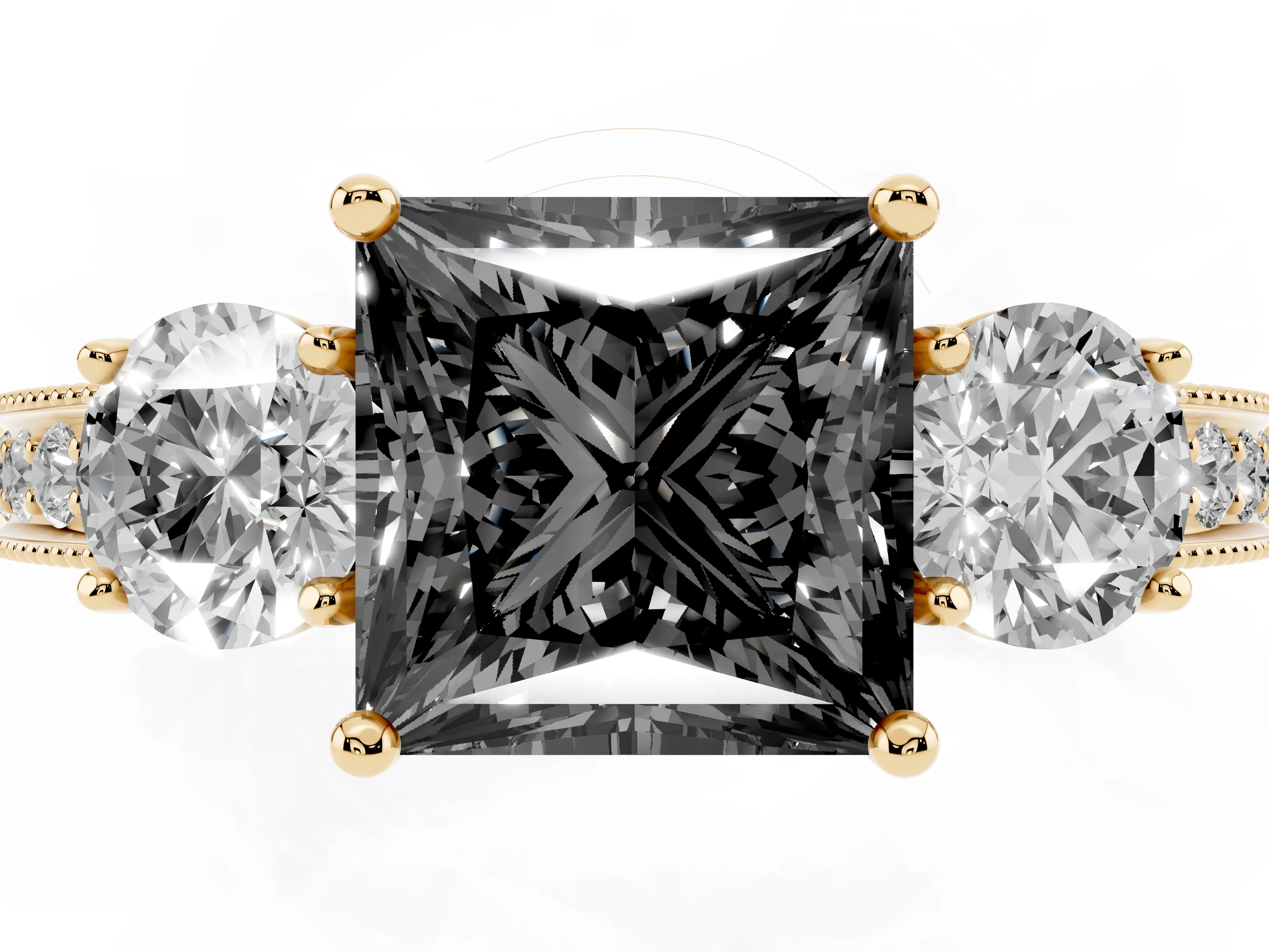 Fancy Black Princess Cut Diamond Three-Stone Ring Set in Yellow gold with Round Side Stones and Pavé Band