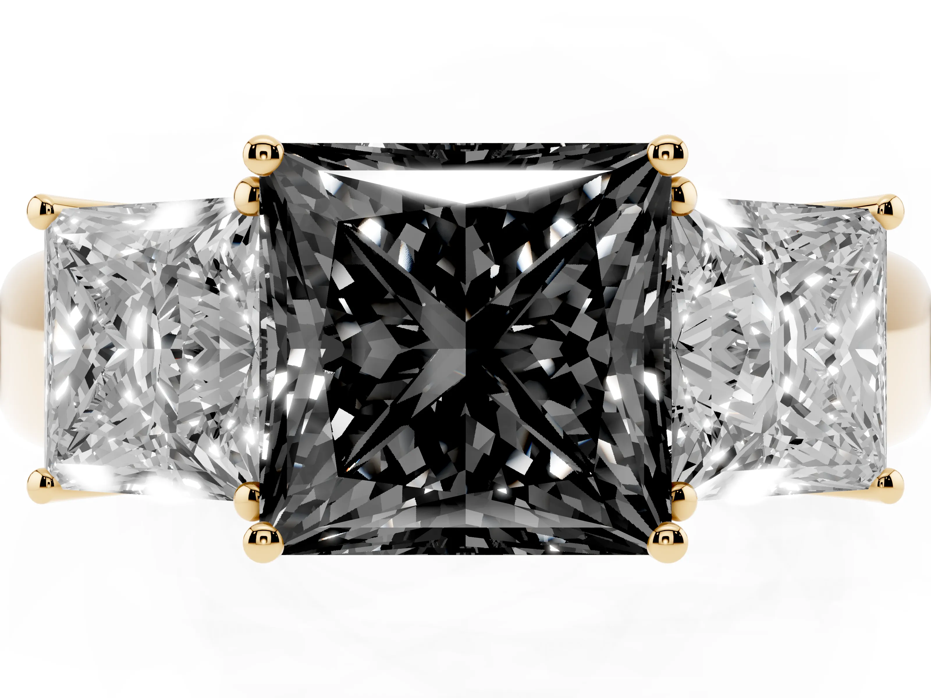 Fancy Black Three-Stone Princess Cut Diamond Ring Set in Yellow gold with Matching Prong Settings and Plain Band