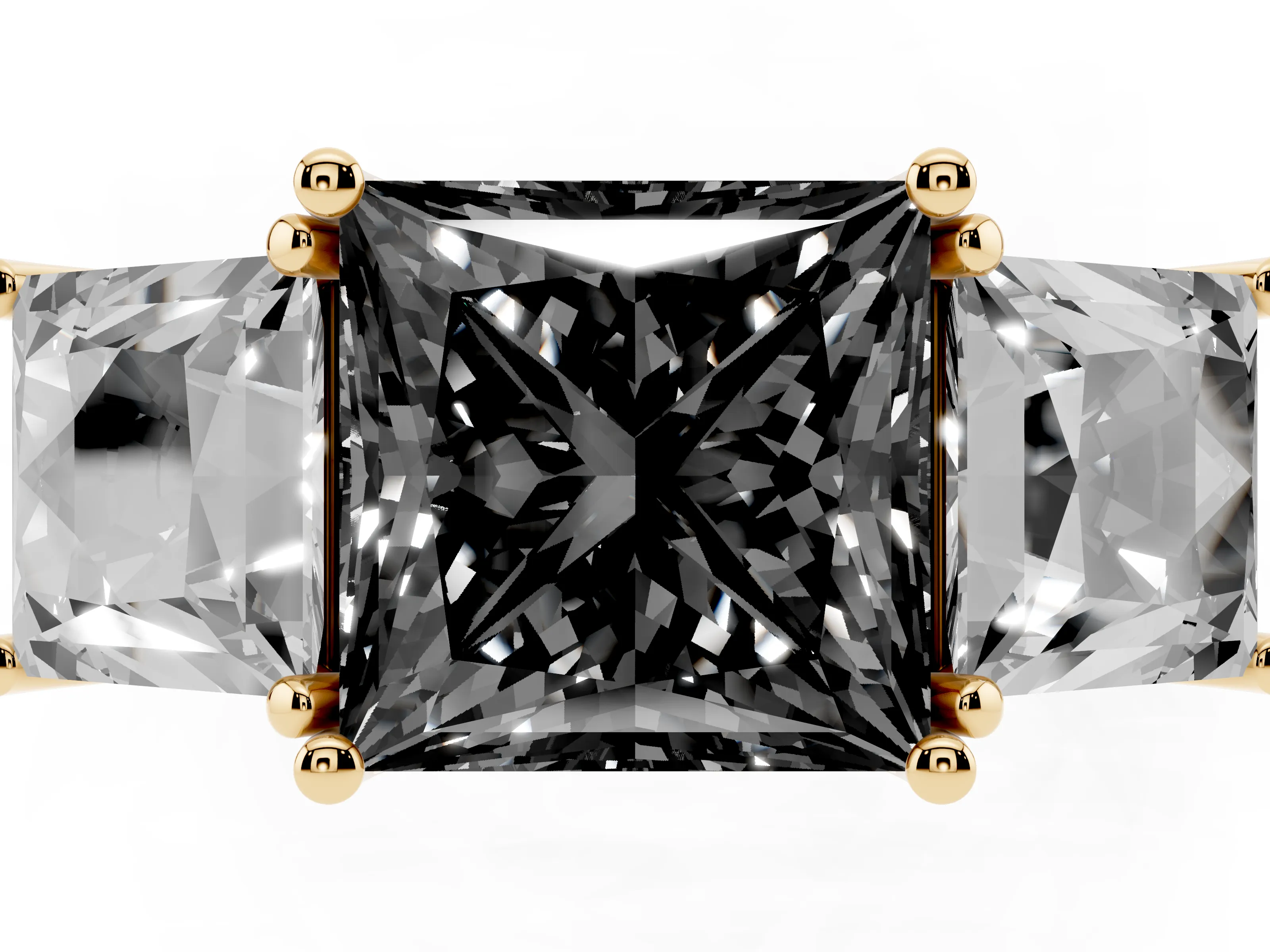 Fancy Black Princess Cut Diamond Three-Stone Ring Set in Yellow gold with Pavé Band