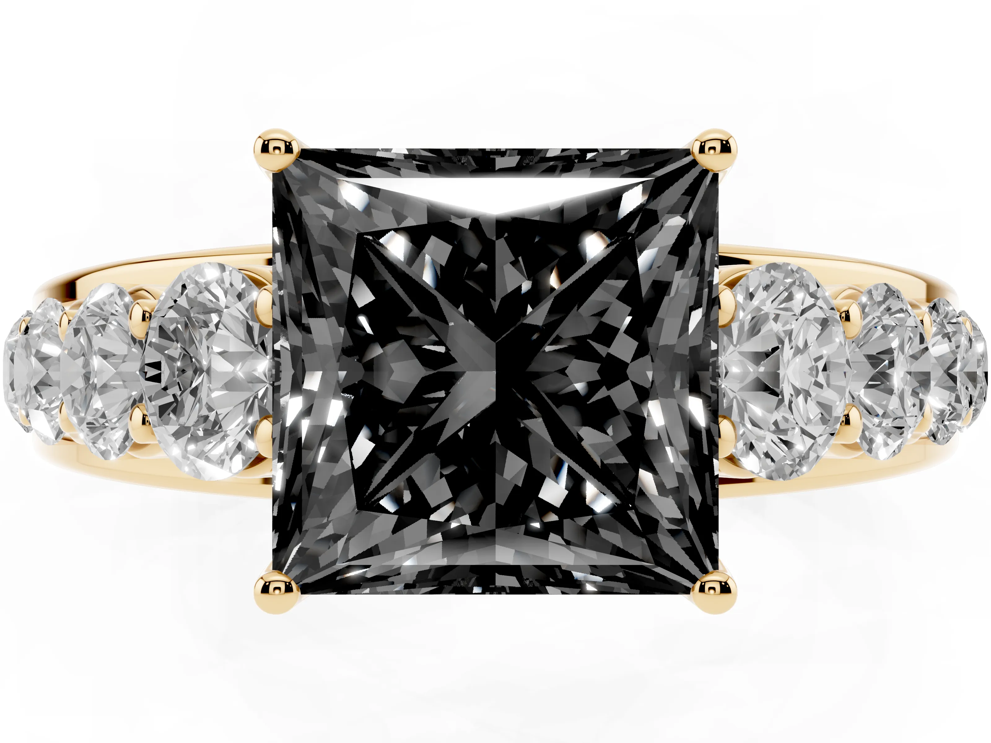 Fancy Black Princess Cut Diamond Solitaire Ring Set in Yellow gold with Pavé-Set Band and Prong Setting