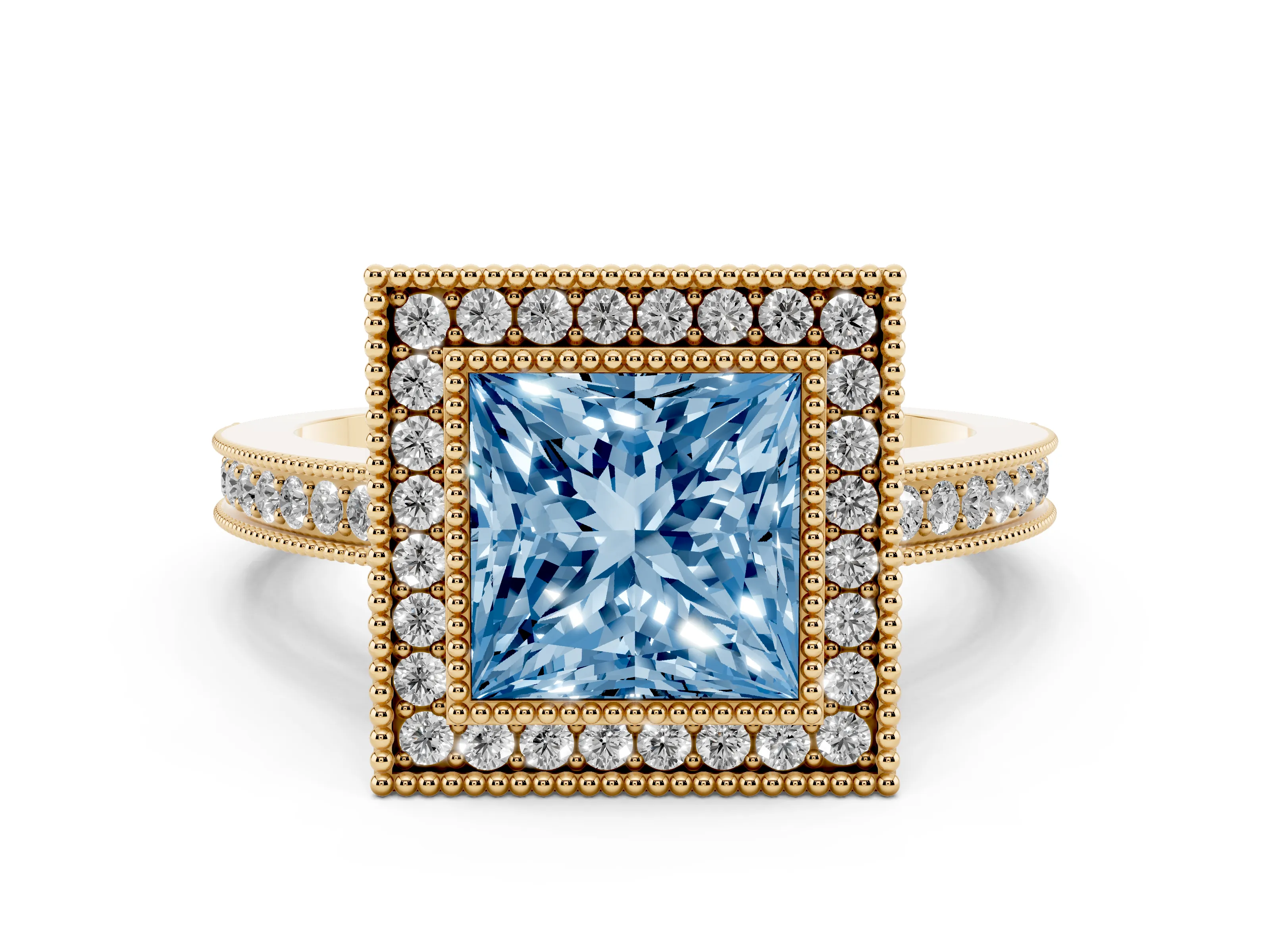 Fancy Blue Princess Cut Diamond Halo Ring Set in Yellow gold with Pavé Band and Milgrain-Edged Prongs