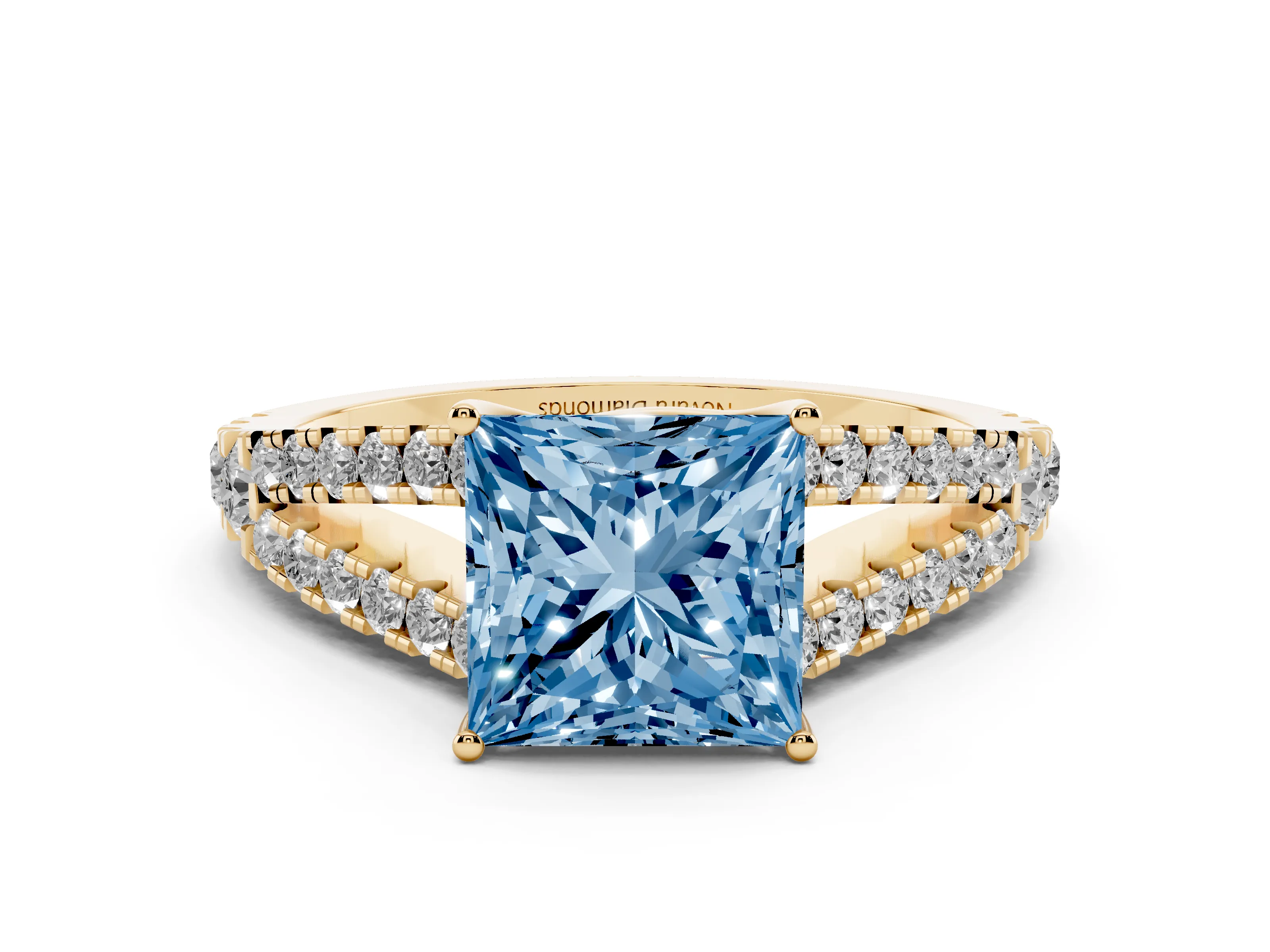 Fancy Blue Princess Cut Diamond Split Shank Pavé Engagement Ring Set in Yellow gold with Prong-Held Center Stone
