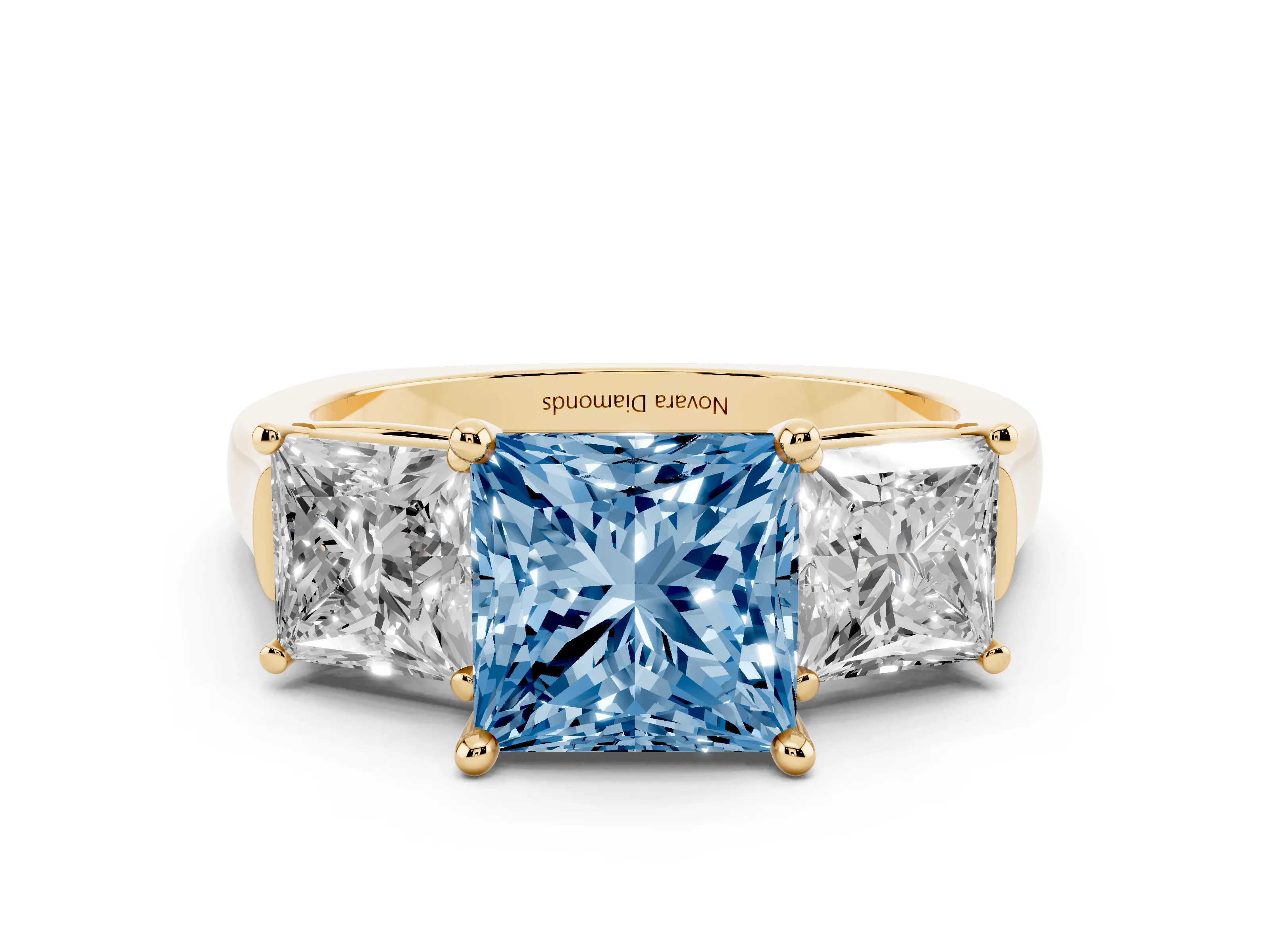 Fancy Blue Princess Cut Diamond Three-Stone Trellis Ring Set in Yellow gold with Comfort Fit Band