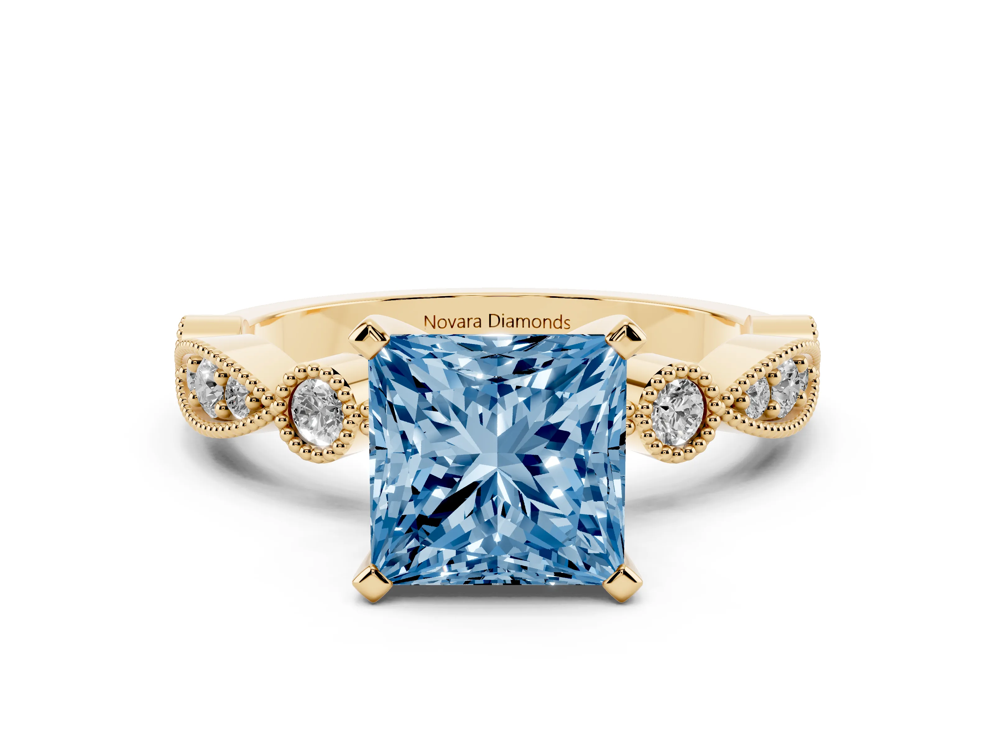 Fancy Blue Princess Cut Diamond Solitaire Engagement Ring Set in Yellow gold with Milgrain Bezel Accent Band