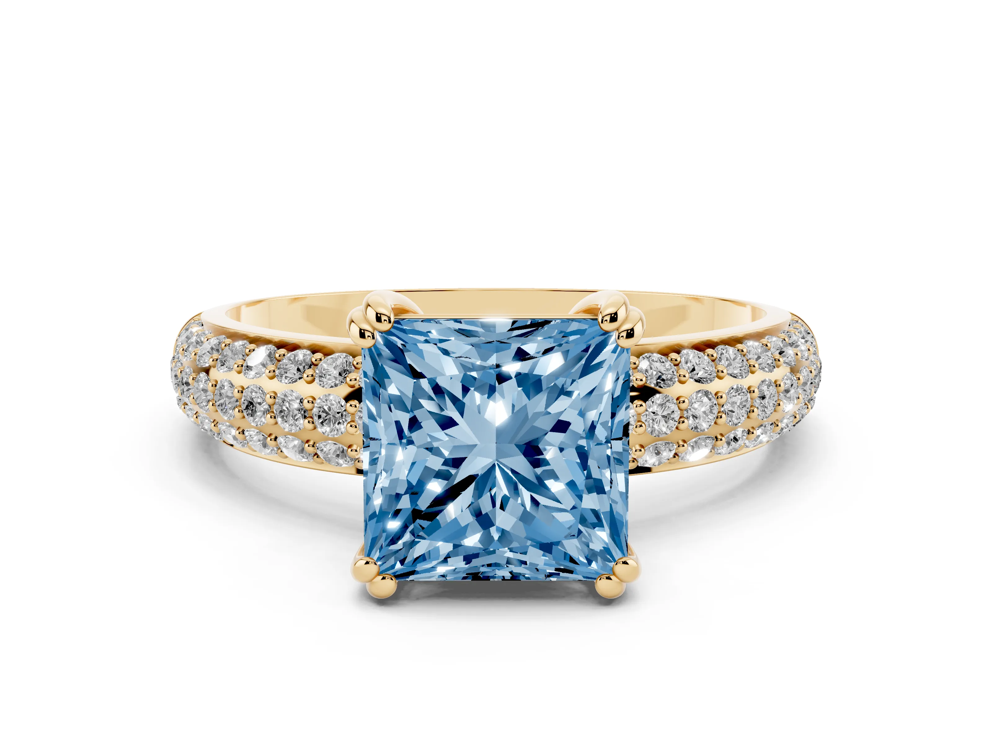Fancy Blue Princess Cut Diamond Solitaire Ring Set in Yellow gold with Multi-Row Round Pavé Band and Prong Setting