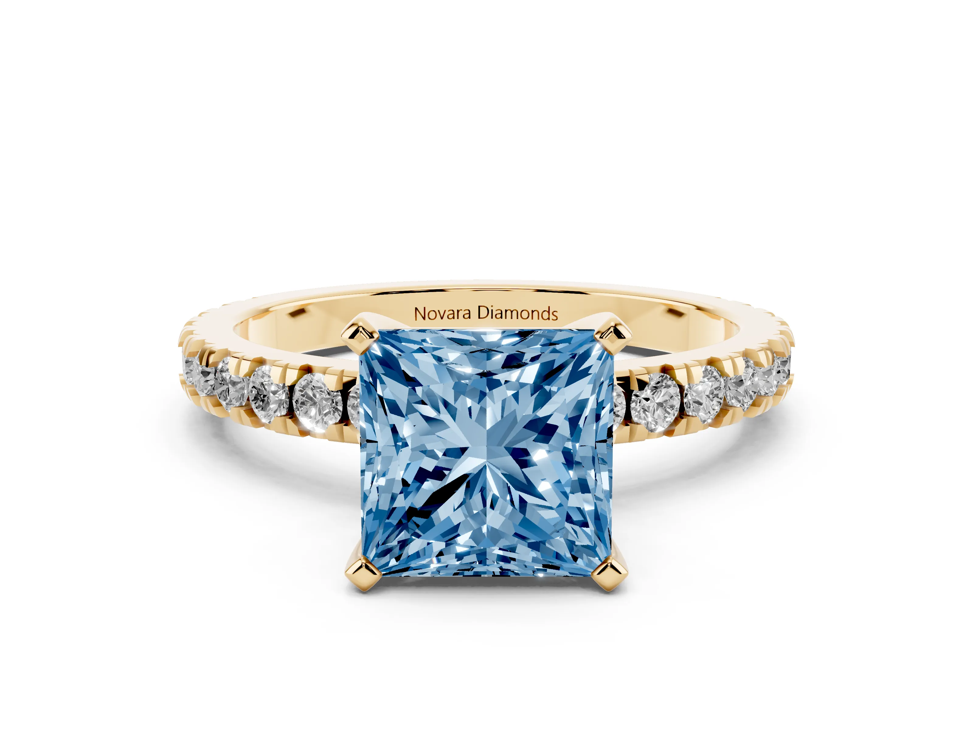 Fancy Blue Princess Cut Diamond Pavé Band Solitaire Set in Yellow gold with Prong Setting