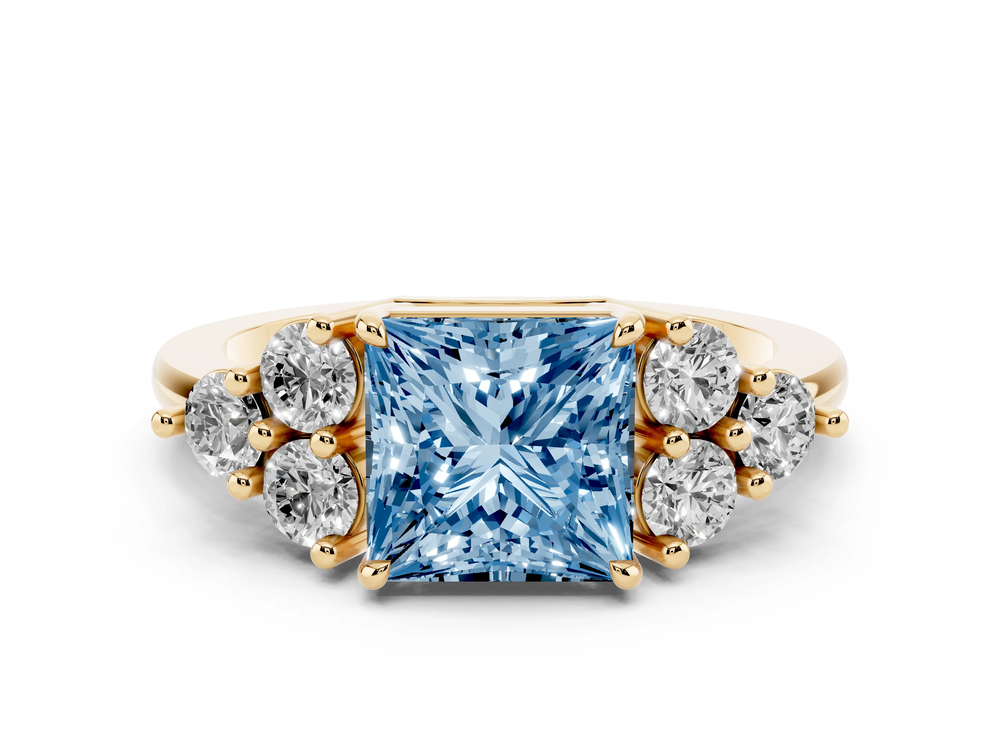 Fancy Blue Princess Cut Diamond Solitaire Ring Set in Yellow gold with Cluster Accents on Each Side