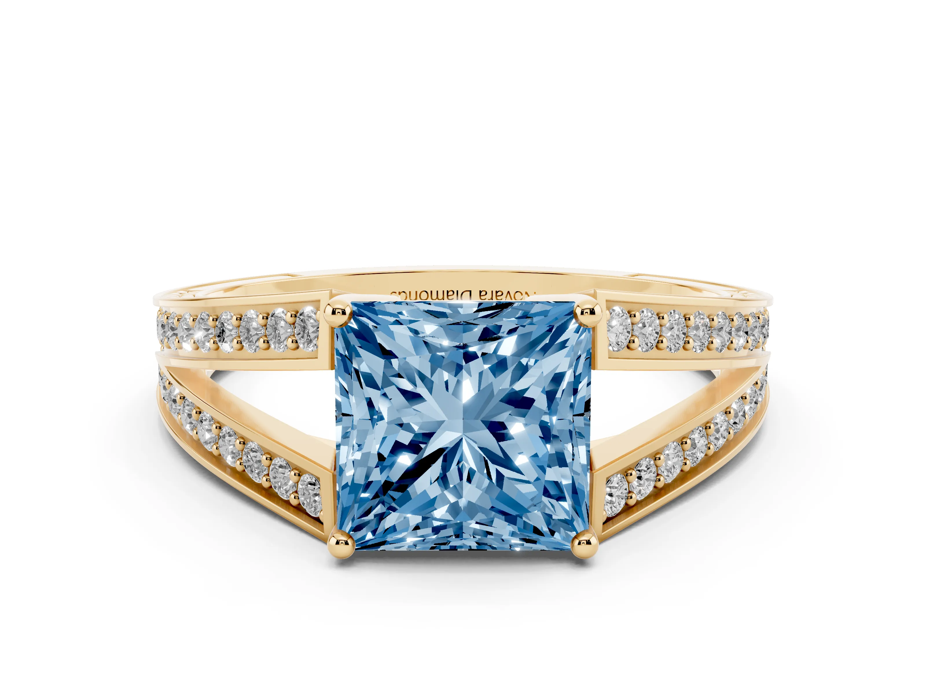 Fancy Blue Princess Cut Diamond Split Shank Ring Set in Yellow gold with Pavé Band and Prong Setting