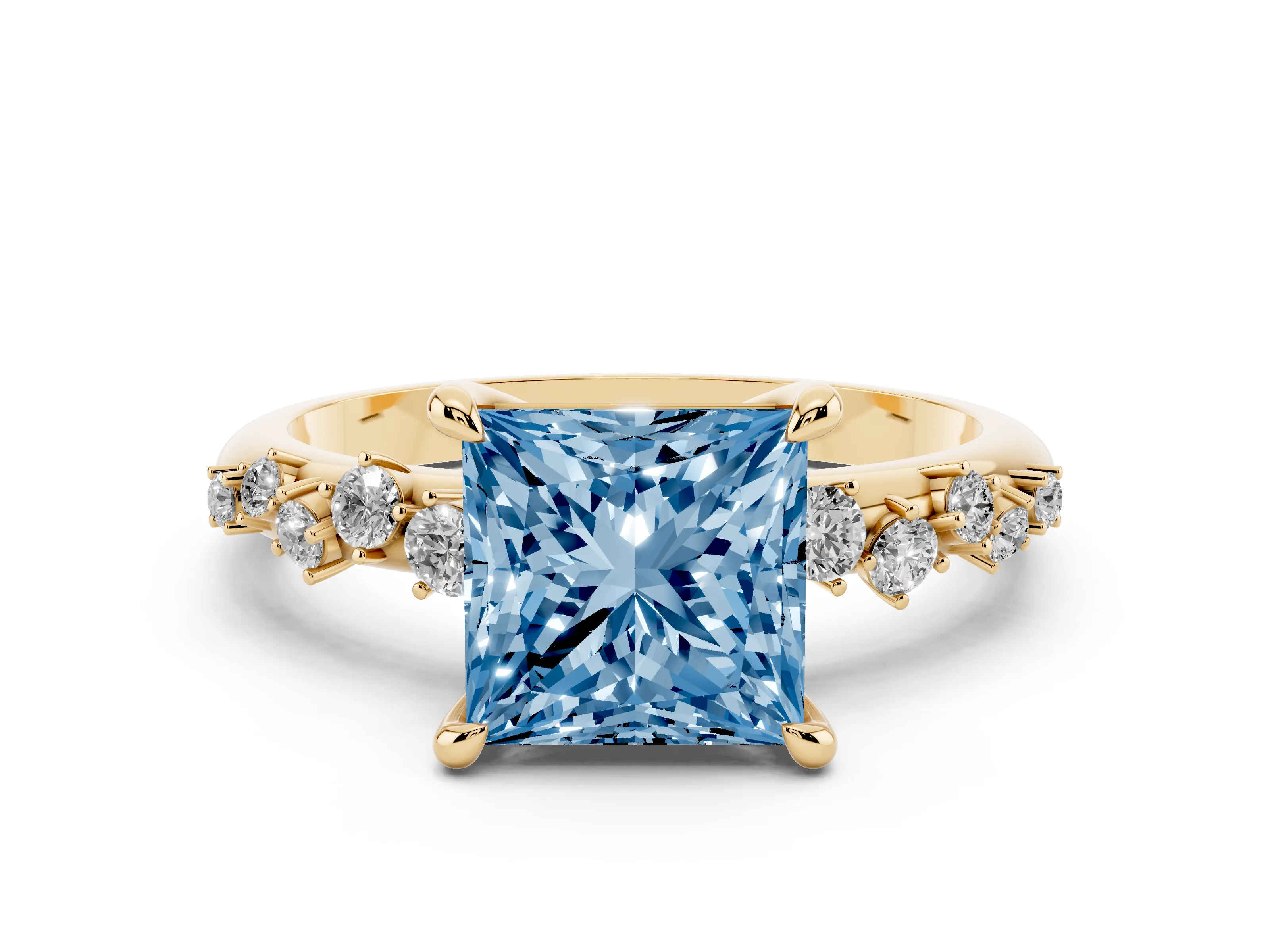 Fancy Blue Princess Cut Diamond Solitaire Vine Band Ring Set in Yellow gold with Round Accents and Prong Setting