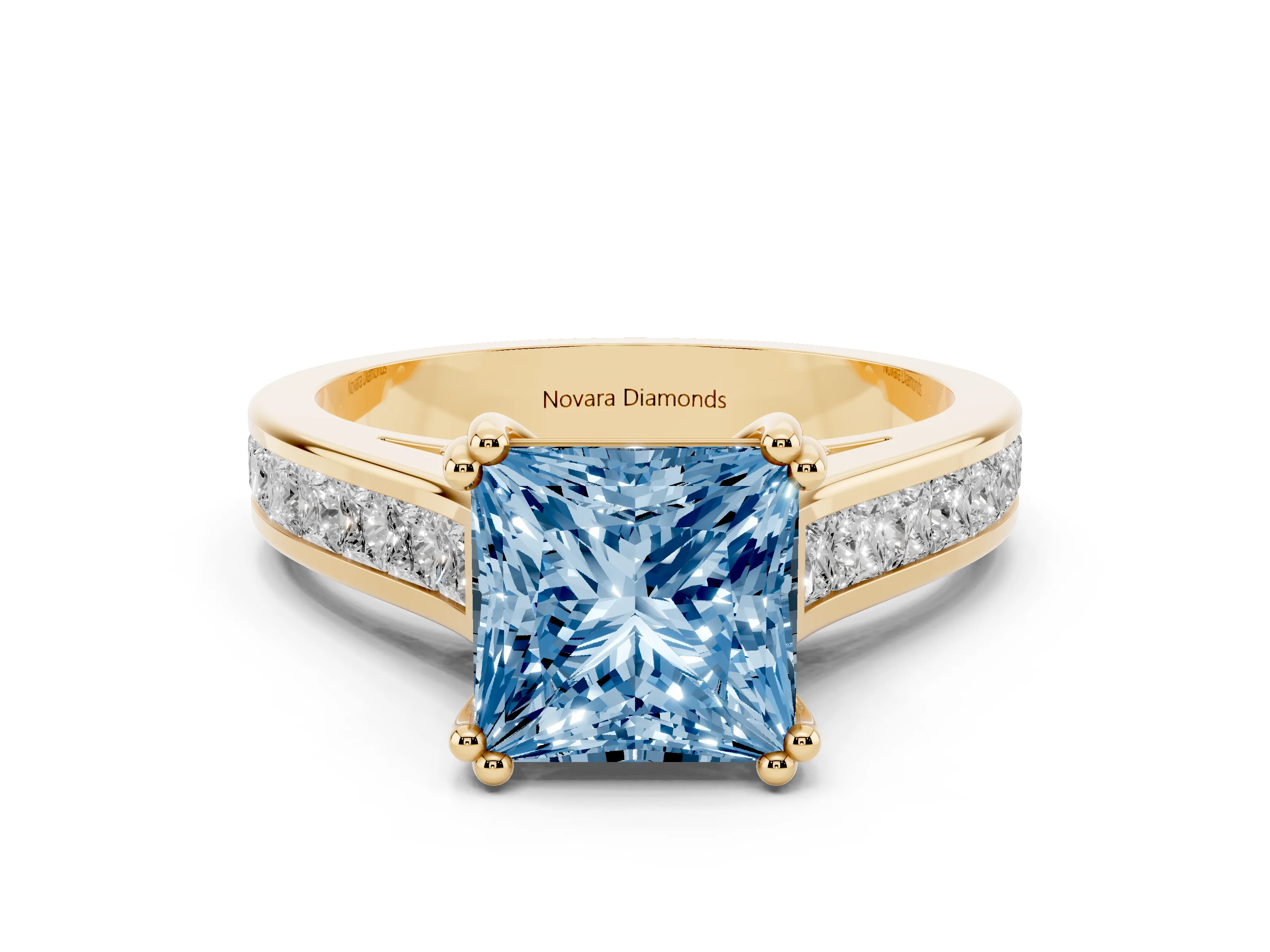 Fancy Blue Princess Cut Diamond Channel Set Solitaire Engagement Ring Set in Yellow gold with Prong Setting