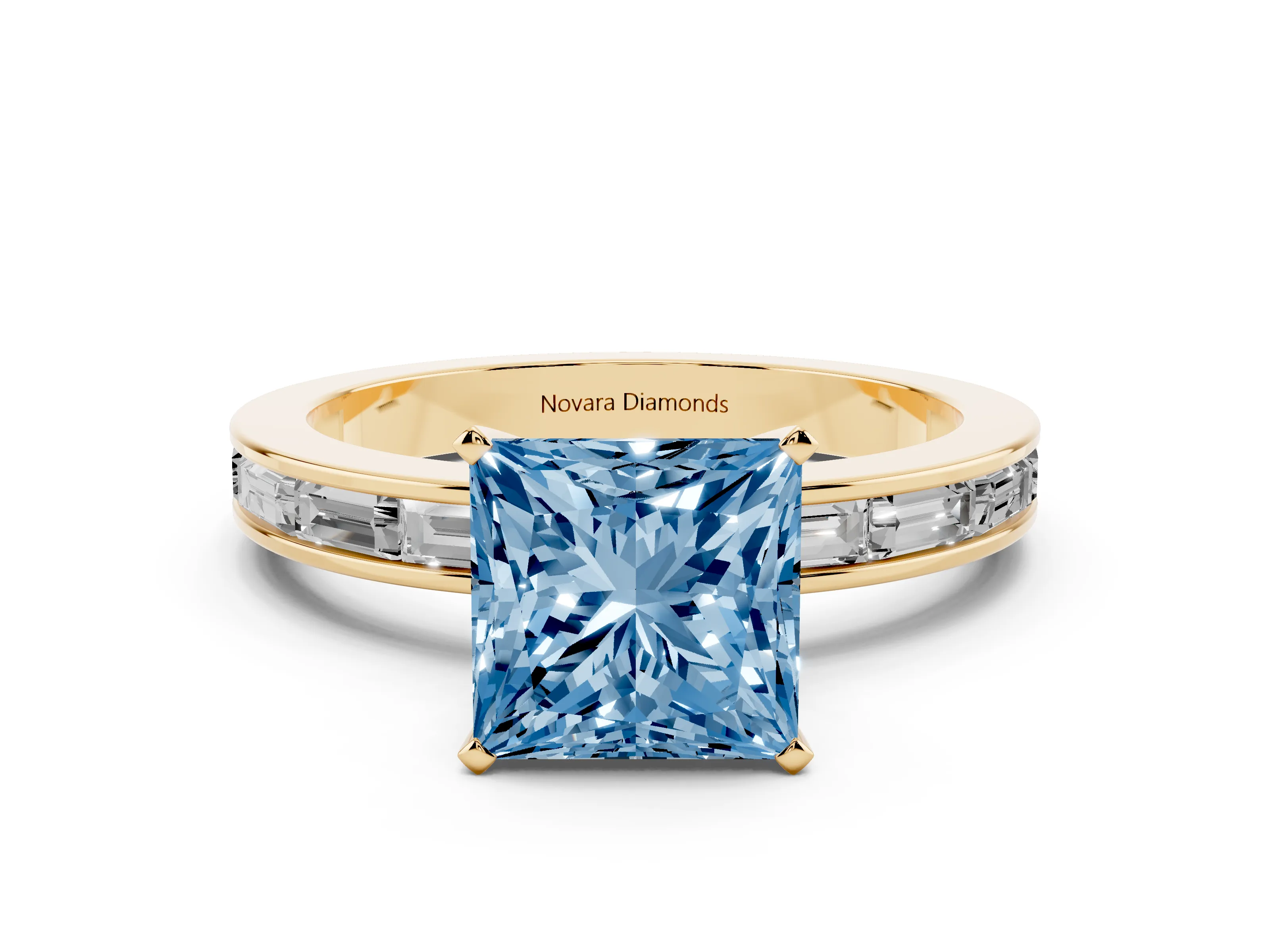 Fancy Blue Princess Cut Diamond Solitaire Ring Set in Yellow gold with Channel-Set Baguette Band and Prong Setting