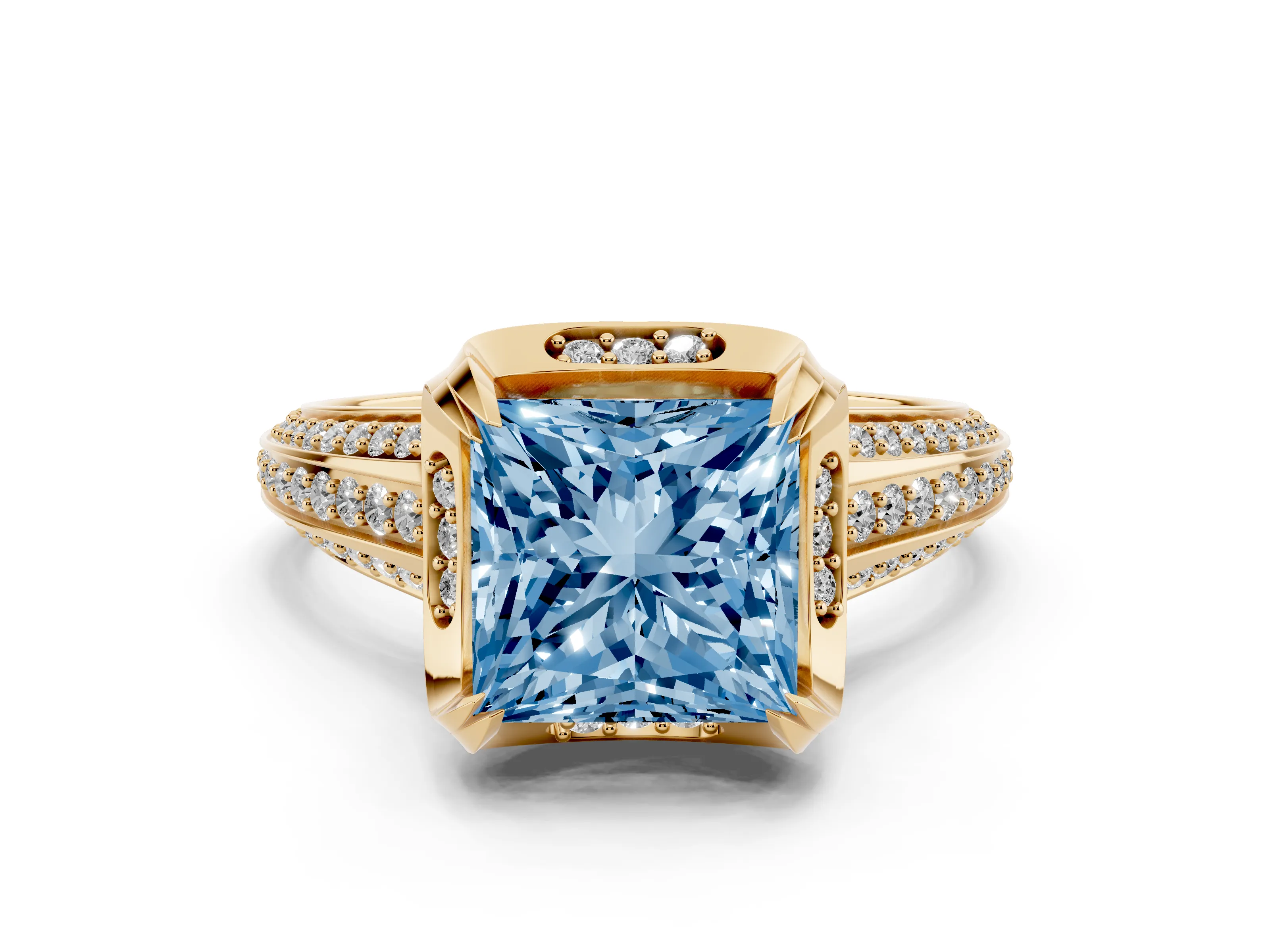 Fancy Blue Princess Cut Diamond Pavé Split Shank Solitaire Ring Set in Yellow gold with Prong Setting