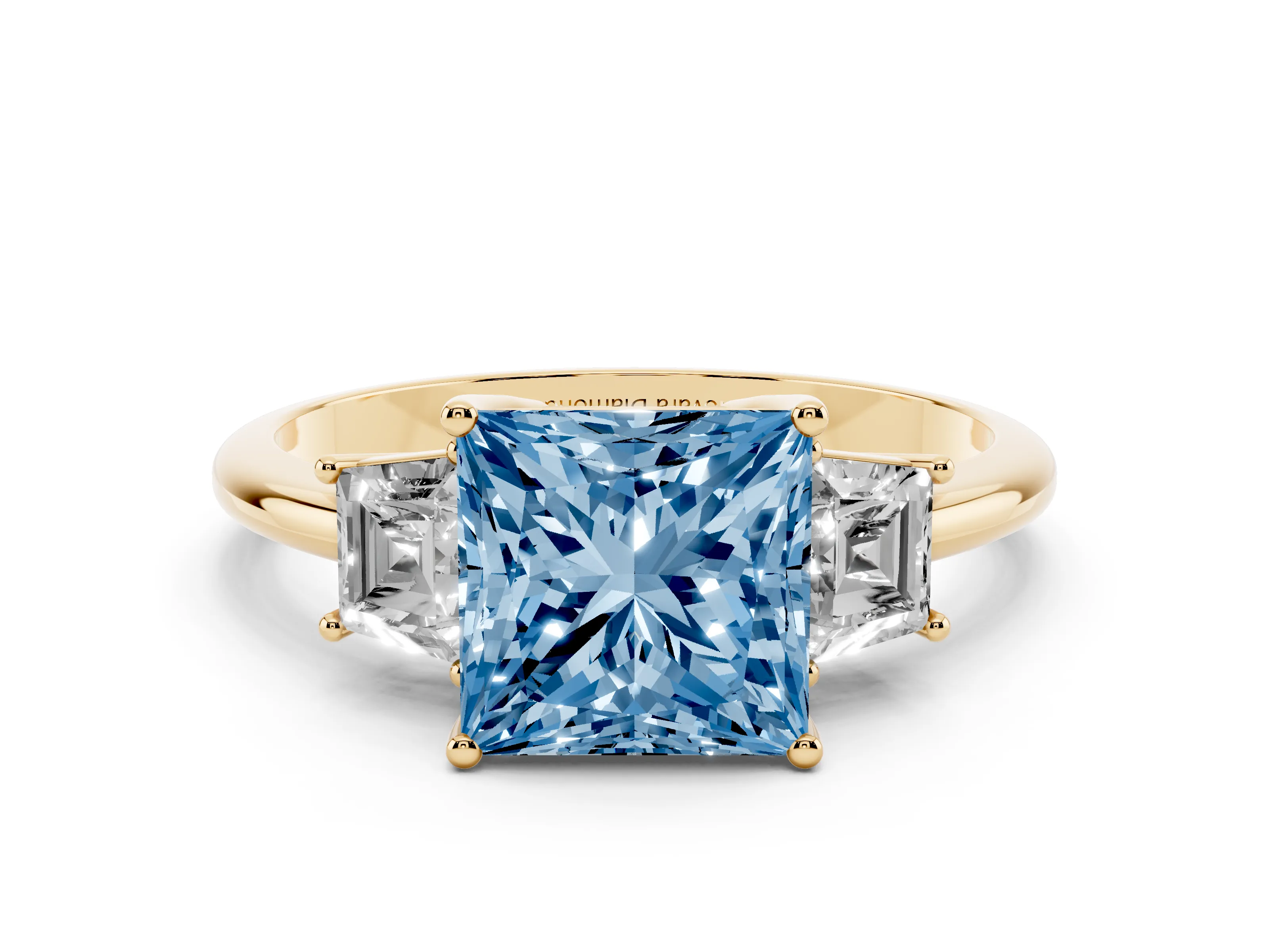 Fancy Blue Princess Cut Diamond Three-Stone Ring Set in Yellow gold with Trapezoid Side Stones and Prong Setting