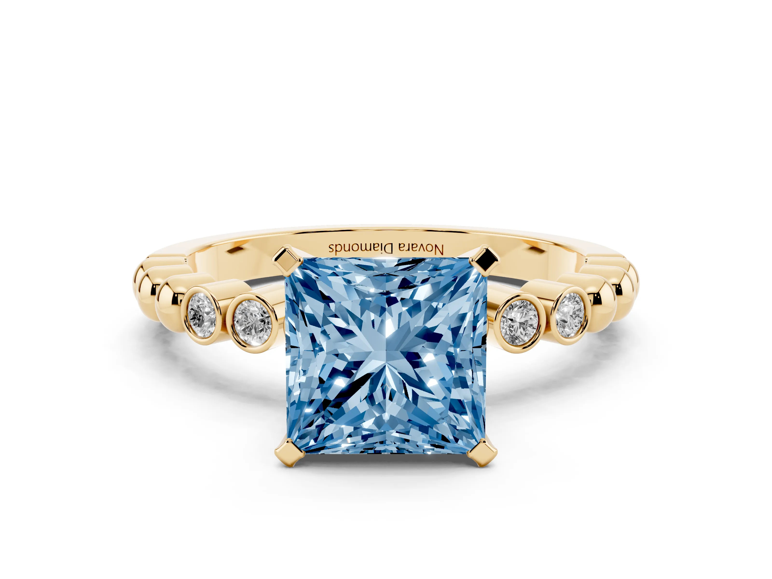 Fancy Blue Princess Cut Diamond Solitaire Engagement Ring Set in Yellow gold with Bezel Accents on Beaded Band