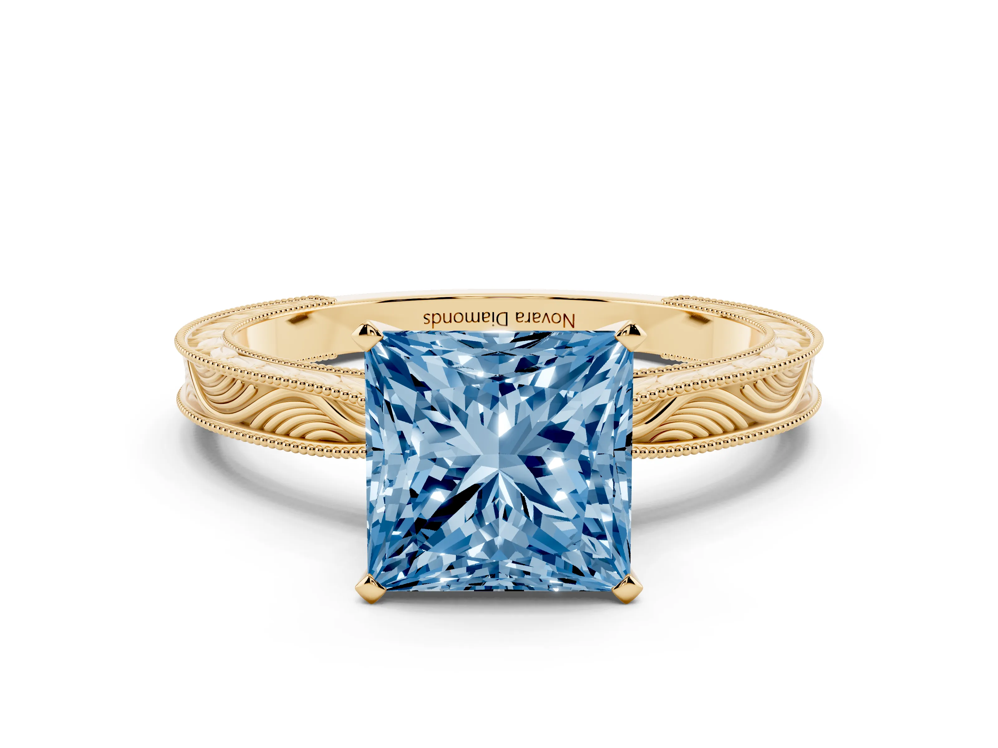 Fancy Blue Princess Cut Diamond Solitaire Milgrain Engraved Band Set in Yellow gold with Prong Setting