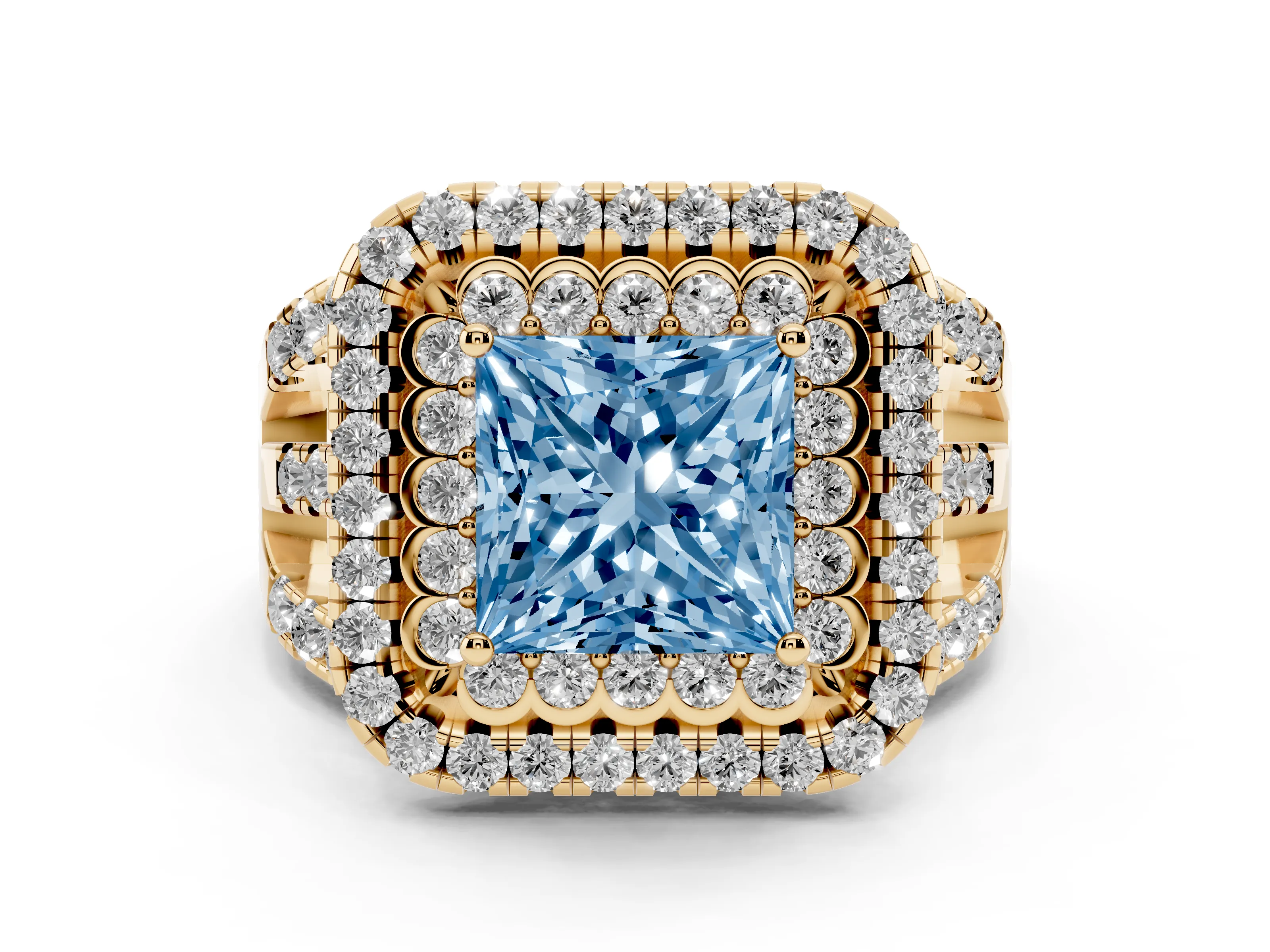 Fancy Blue Princess Cut Diamond Double Halo Ring Set in Yellow gold with Round Pavé Split Shank