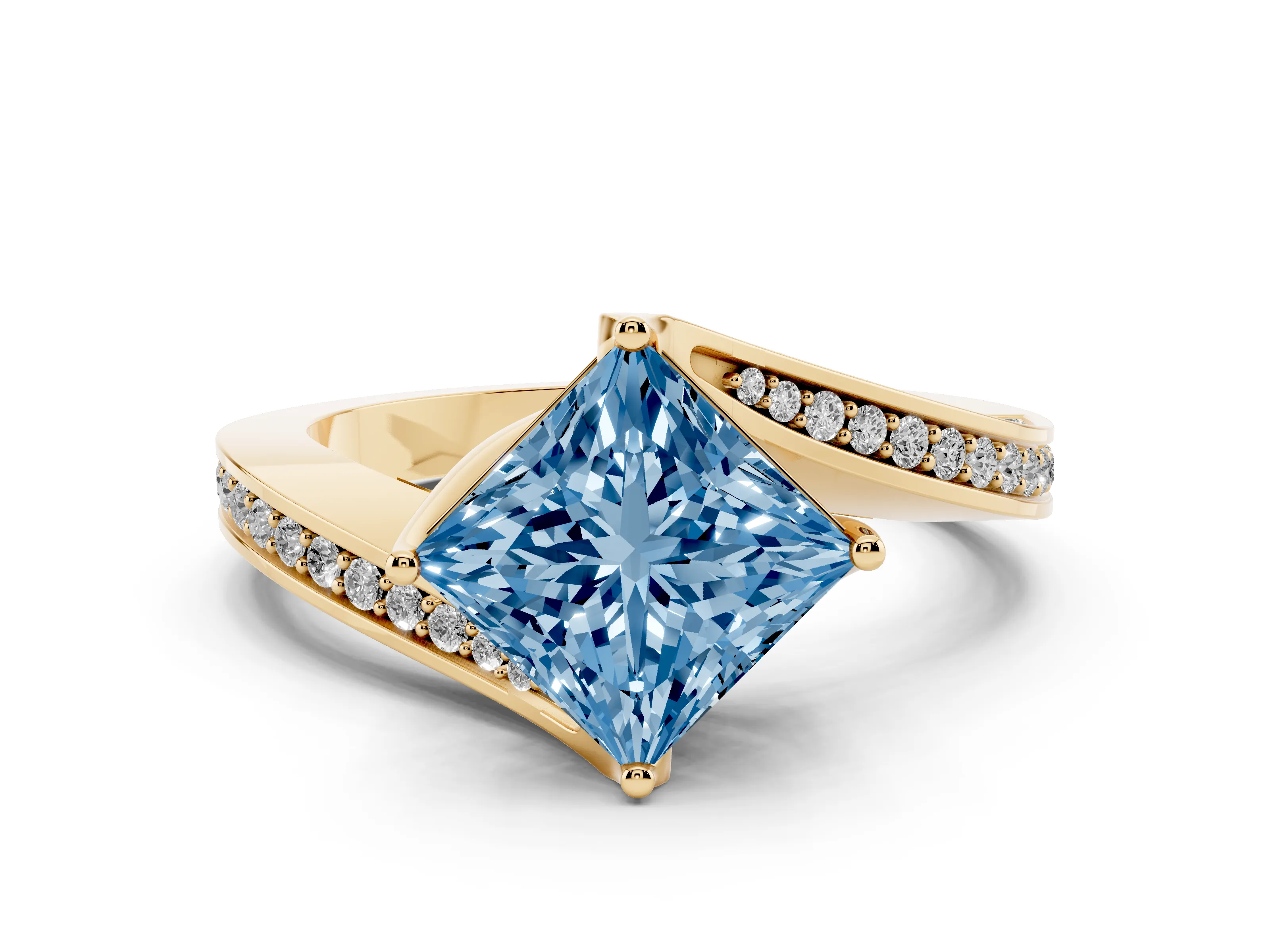 Fancy Blue Princess Cut Diamond Solitaire Ring Set in Yellow gold with Intertwined Pavé Twist Band