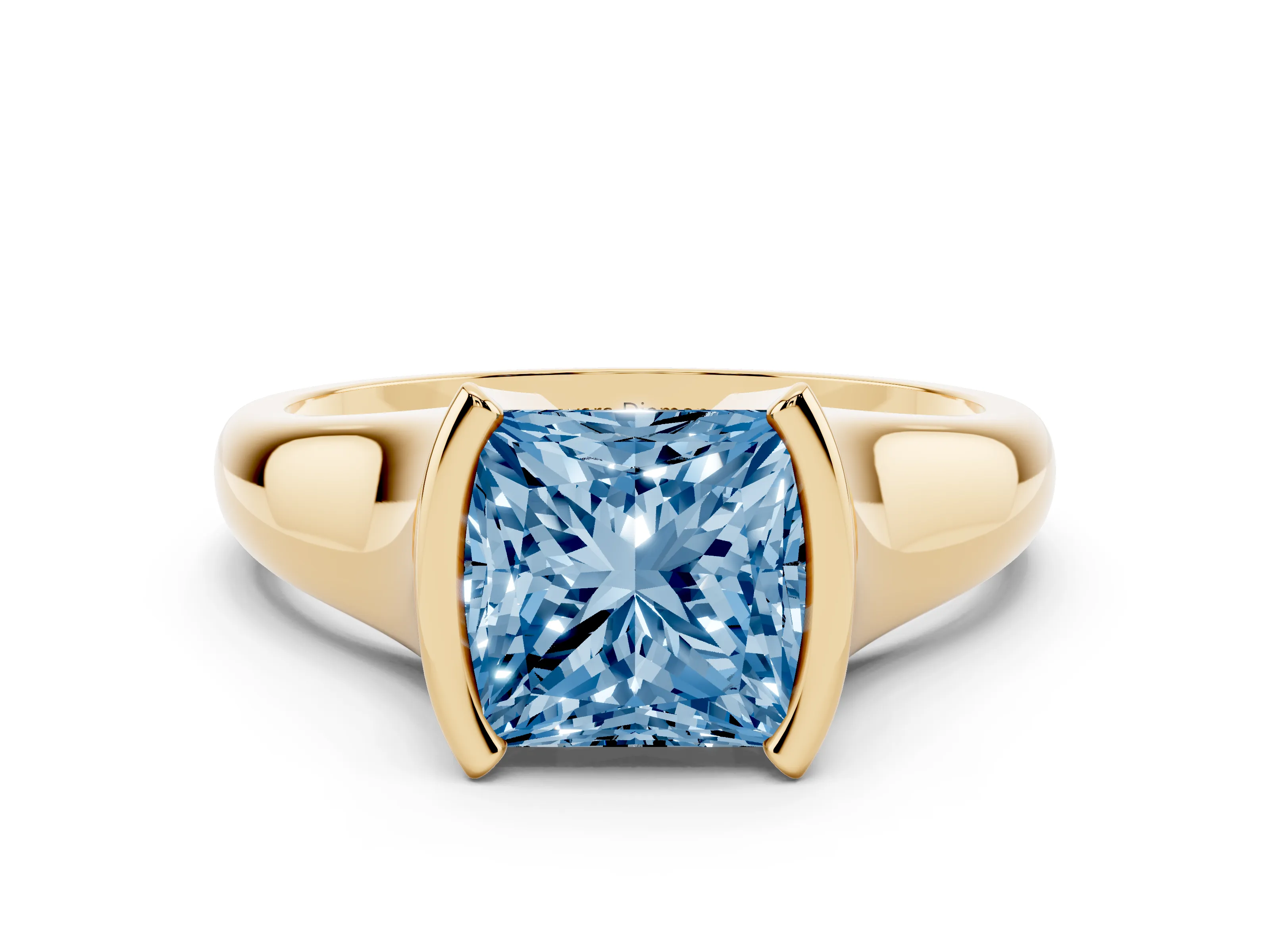 Fancy Blue Princess Cut Diamond Solitaire Tension Set Ring Set in Yellow gold with Split Shank Band