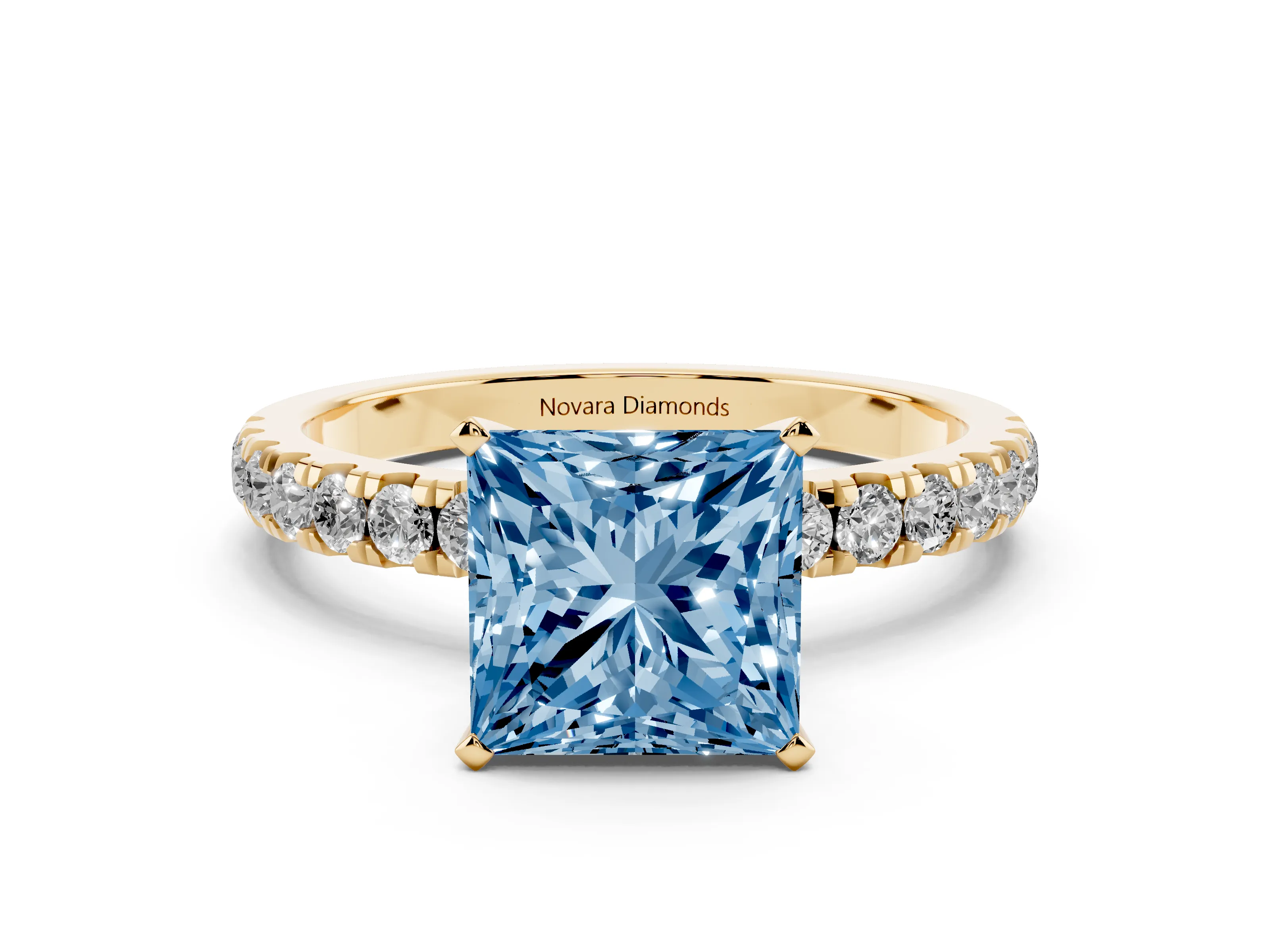 Fancy Blue Princess Cut Diamond Solitaire Ring Set in Yellow gold with Pavé Accents and Prong Setting