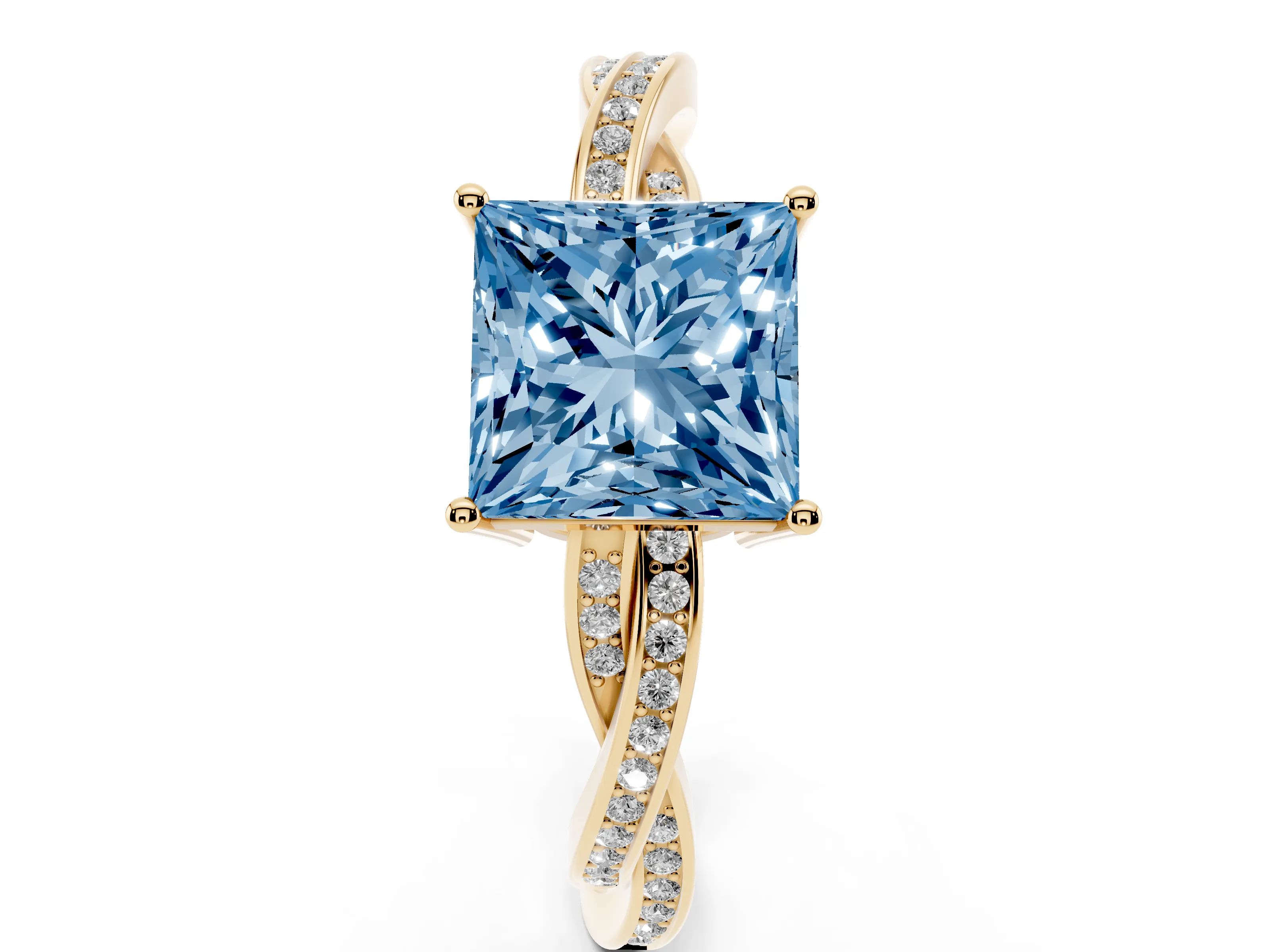 Fancy Blue Princess Cut Diamond Solitaire Twisted Pavé Ring Set in Yellow gold with Prong Setting