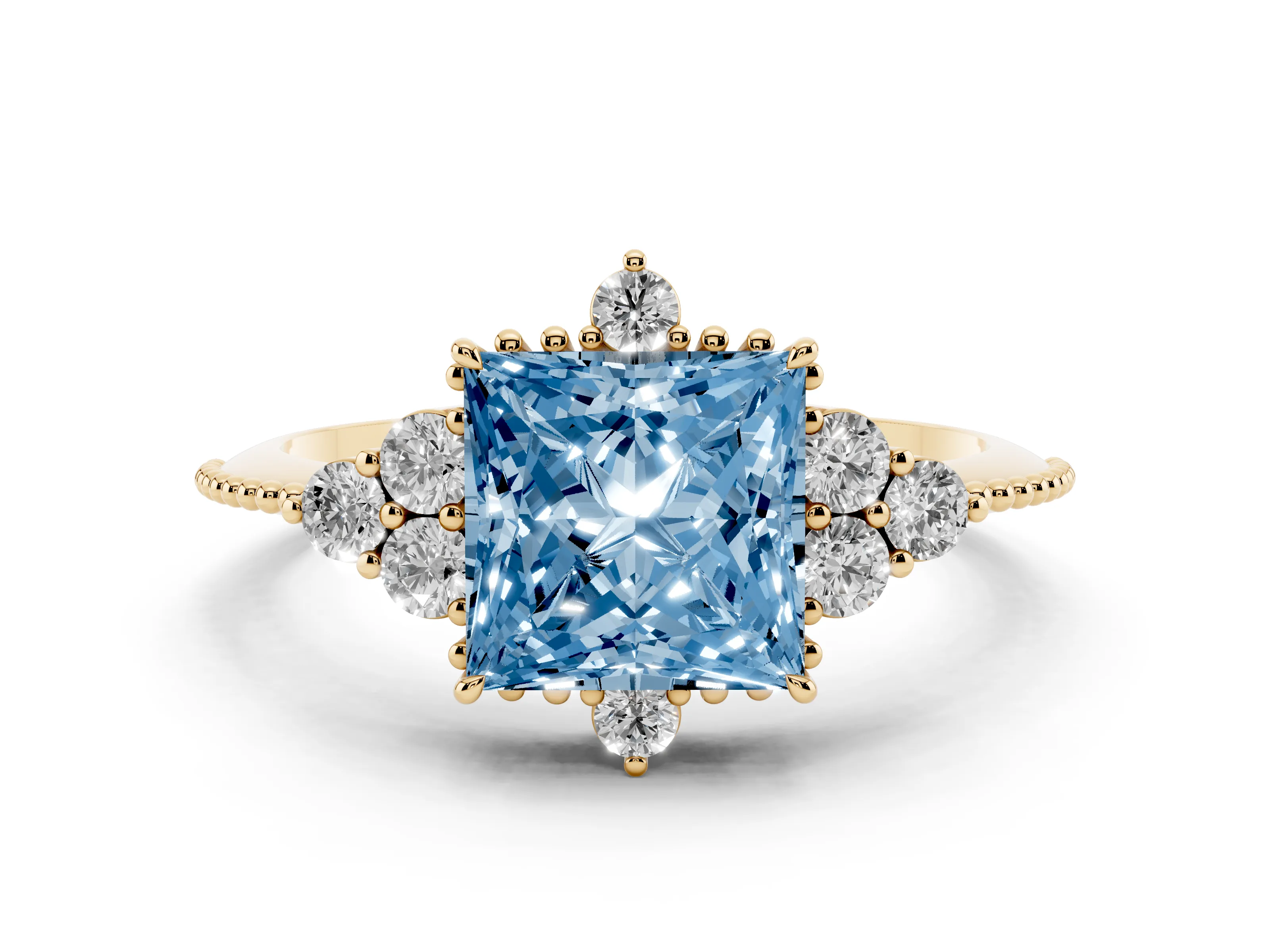 Fancy Blue Princess Cut Diamond Cluster Ring Set in Yellow gold with Beaded Band
